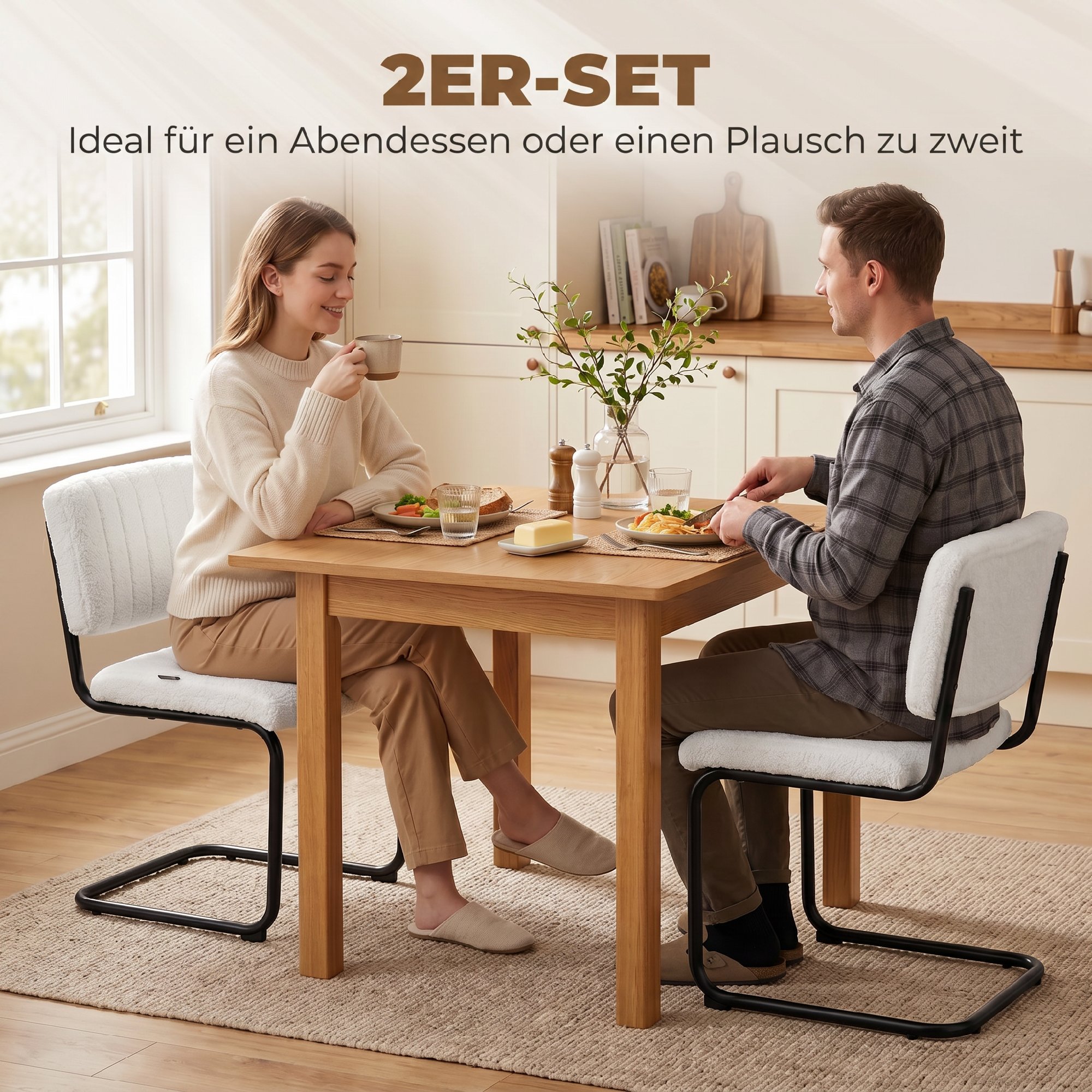 Esszimmerstühle 2er Set modern Freischwinger Stuhl mit hoher Rückenlehne, Teddyfleece-Optik für Küche, Esstisch Creme