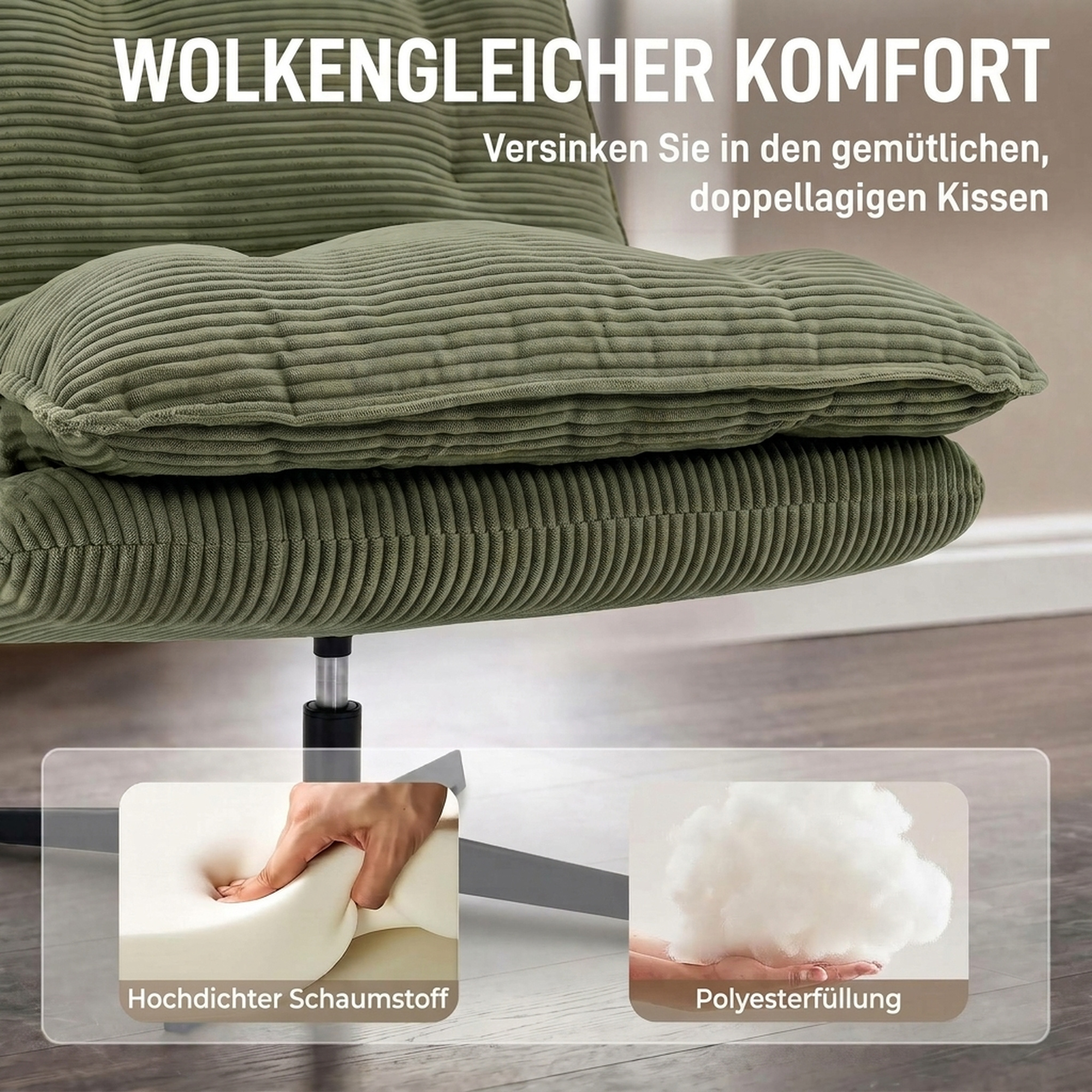 Loungesessel mit Hocker, 360° drehbar, Cordbezug, höhenverstellbare Fußstütze, Grün