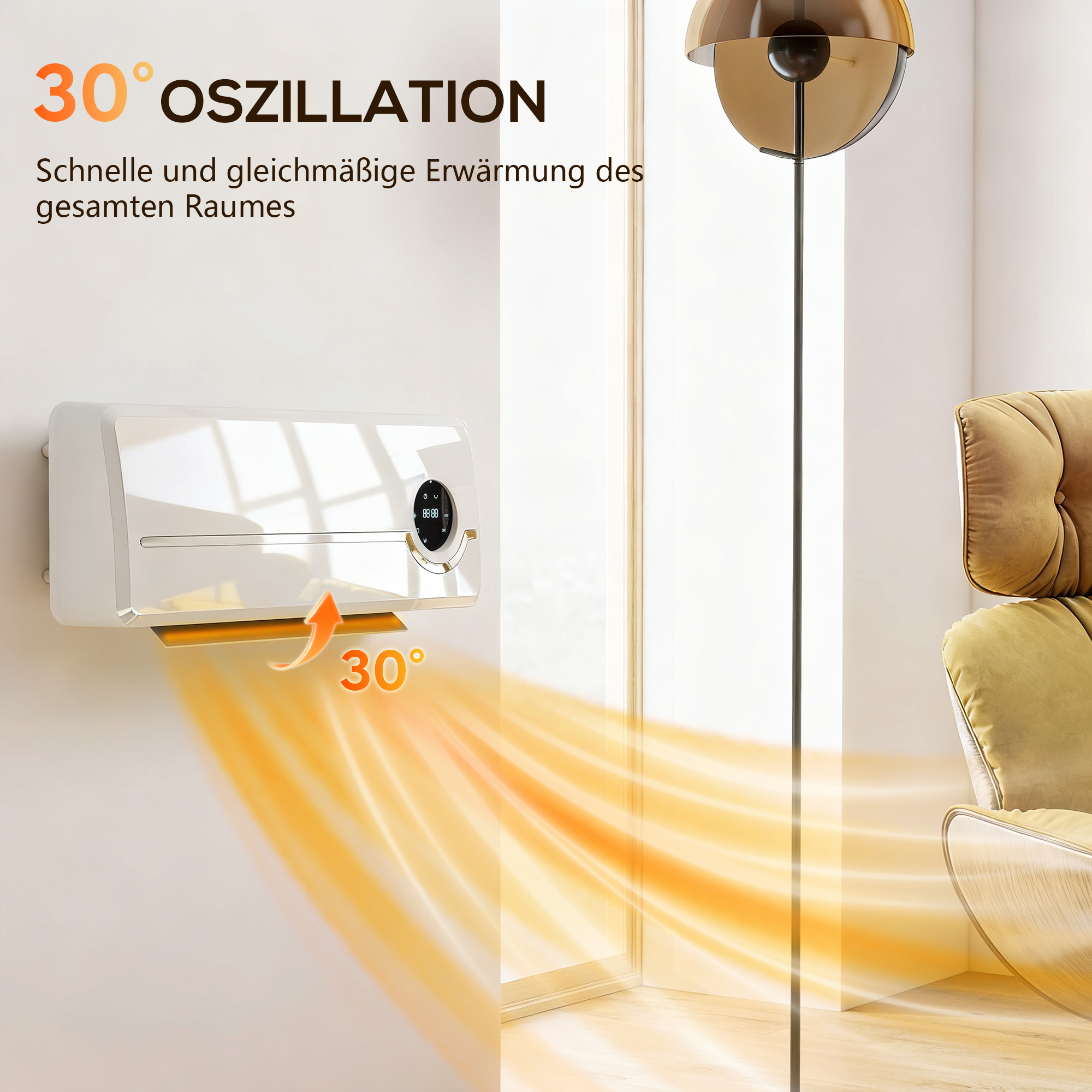 Heizlüfter zur Wandmontage 2000W Keramik-Wandheizung mit Ventilator, Fernbedienung, 2 Heizmodi, LED-Display