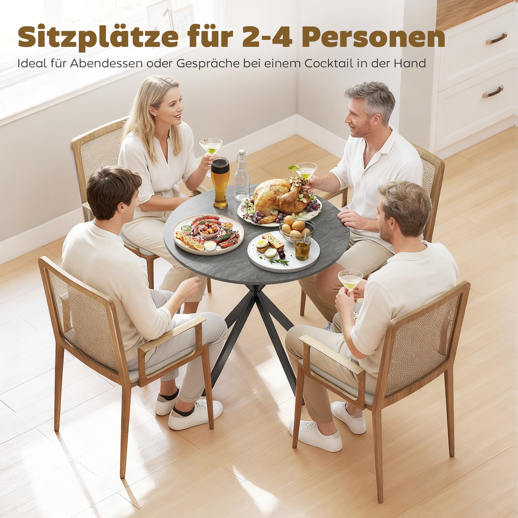 Runder Küchentisch, 80 cm, kompakte Tischplatte, Spanplatte, Metall, Grau