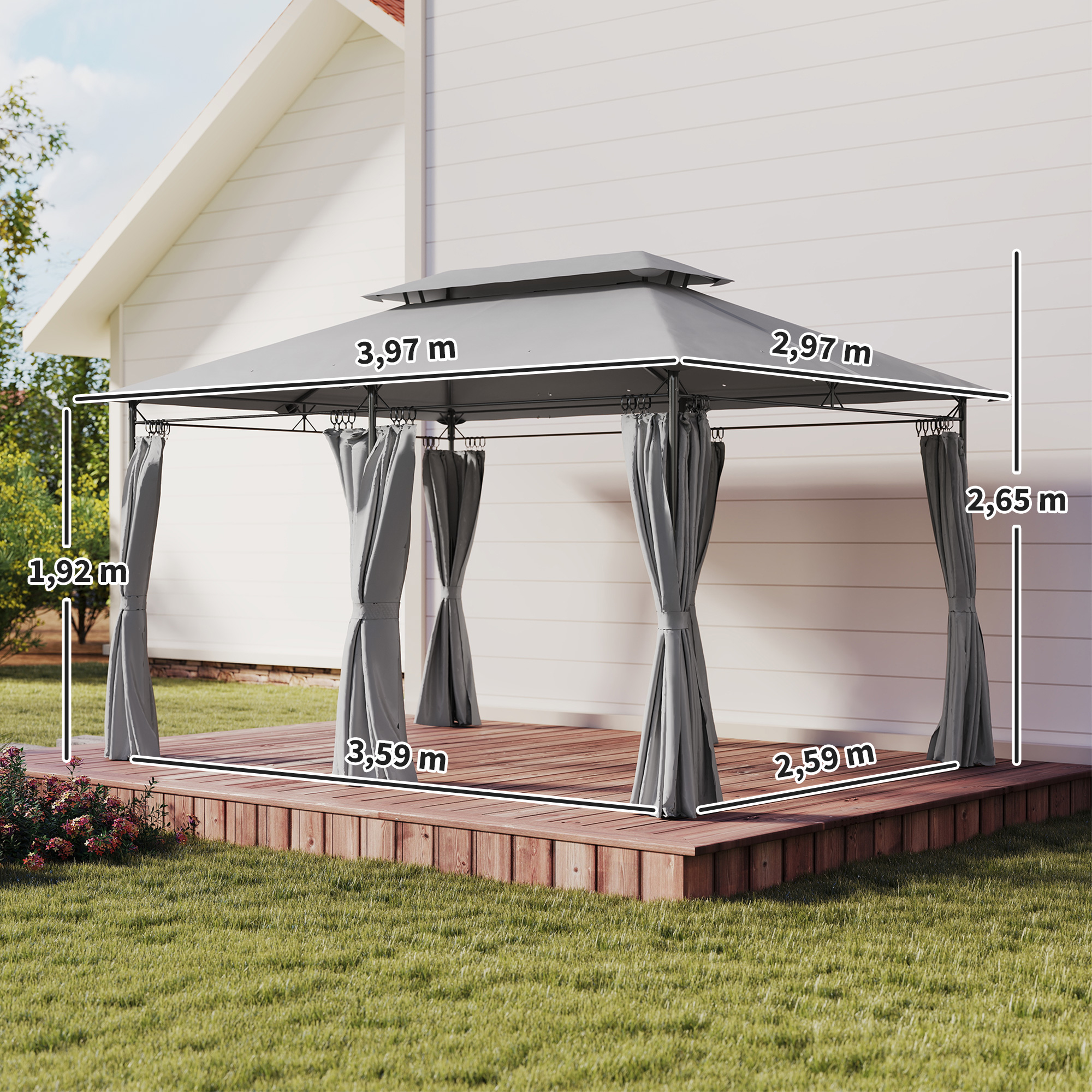 Gartenpavillon 3x4 m mit abnehmbaren Vorhängen, Doppeldach und Metallgestell, Dunkelgrau