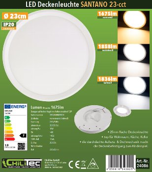 LED Deckenleuchte "Santano 23 CCT" / Ø 23cm, 18W, CCT 3000/4000/6000k