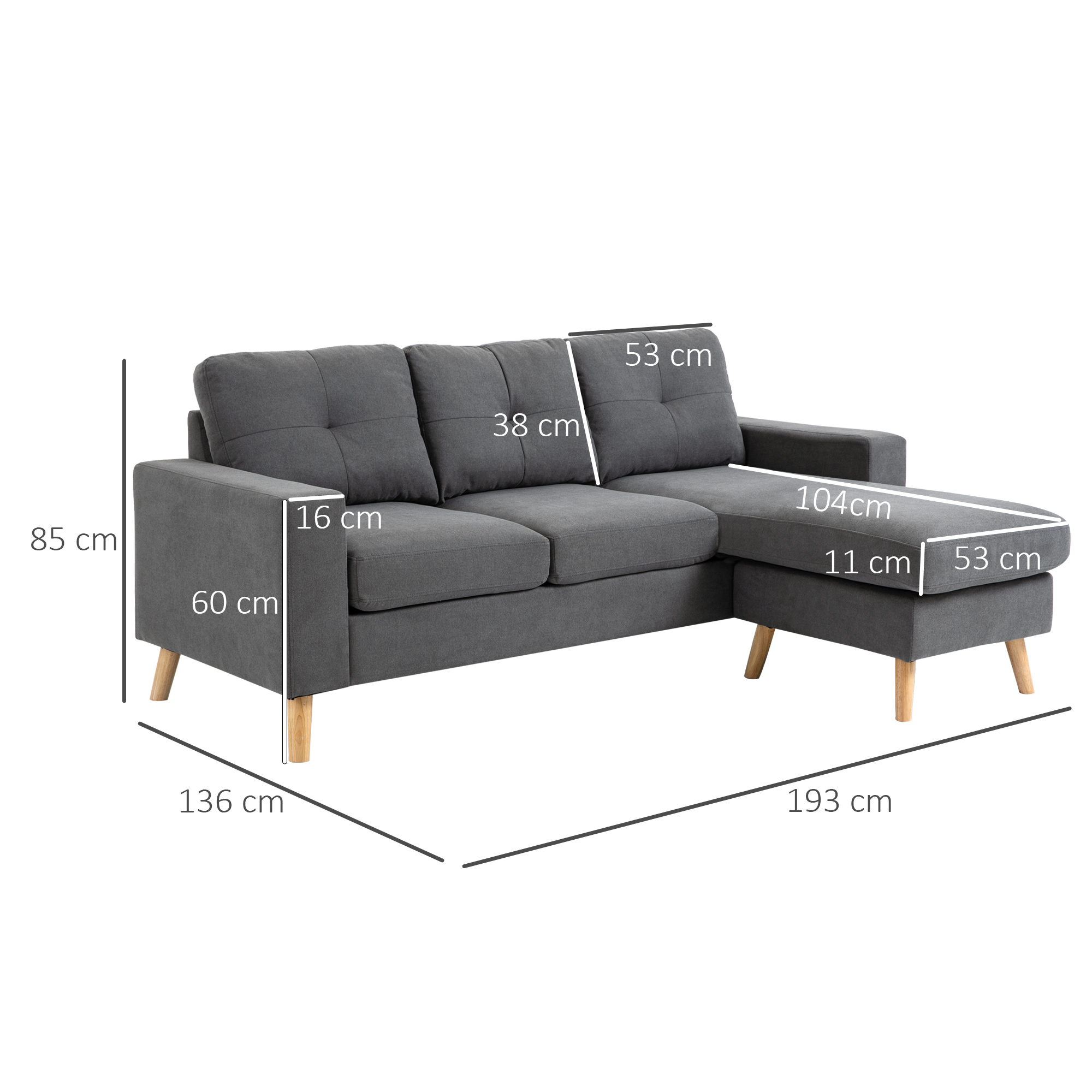 Ecksofa im Skandidesign, mit Knopfheftung, Massivholz, Leinenoptik, Grau