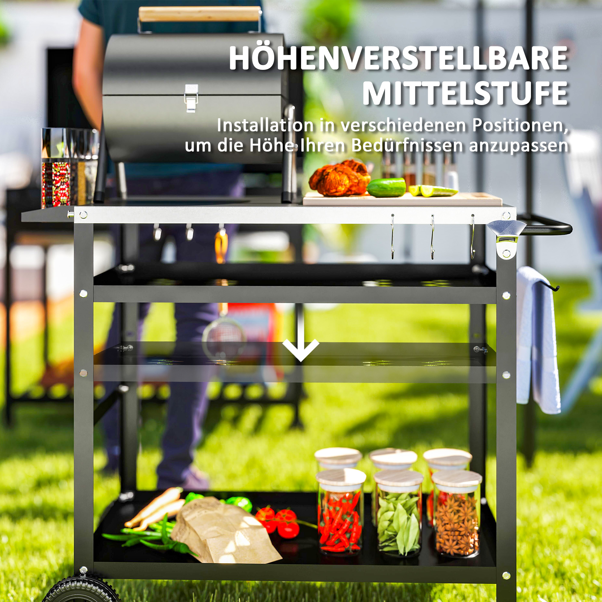 Grillwagen 3-Etagen Servierwagen mit Arbeitsfläche Griffe Hülle Räder, BBQ Grilltisch Edelstahl 100x52x80cm Schwarz