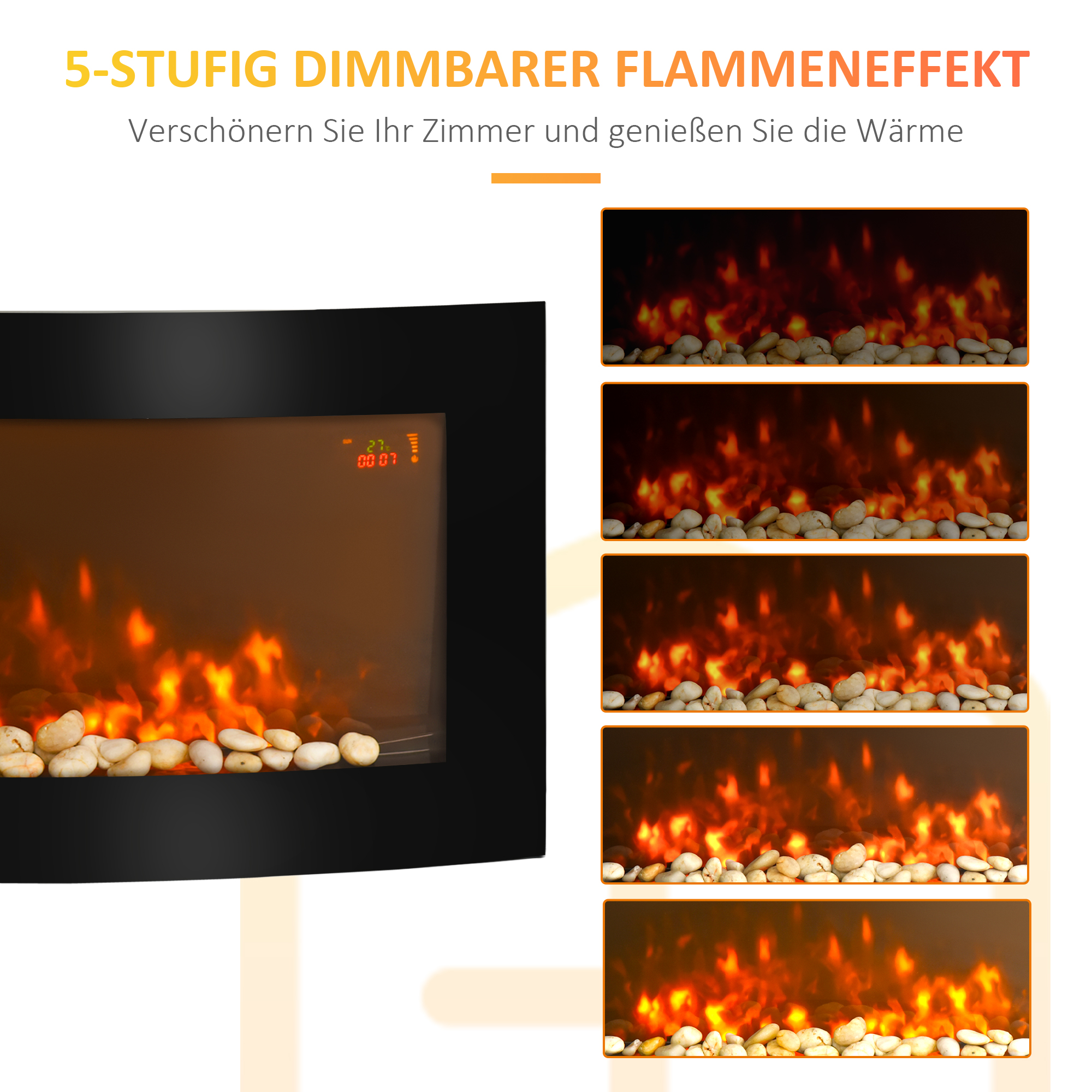Elektrokamin mit Heizung, Wandkamin mit LED Flammeneffekt, 7 Flammenfarben, 1000/2000 W, elektrischer Kamin mit Timer, Einstellbarer Thermostat, Dekokamin mit Fernbedienung, Schwarz, 89,2 cm