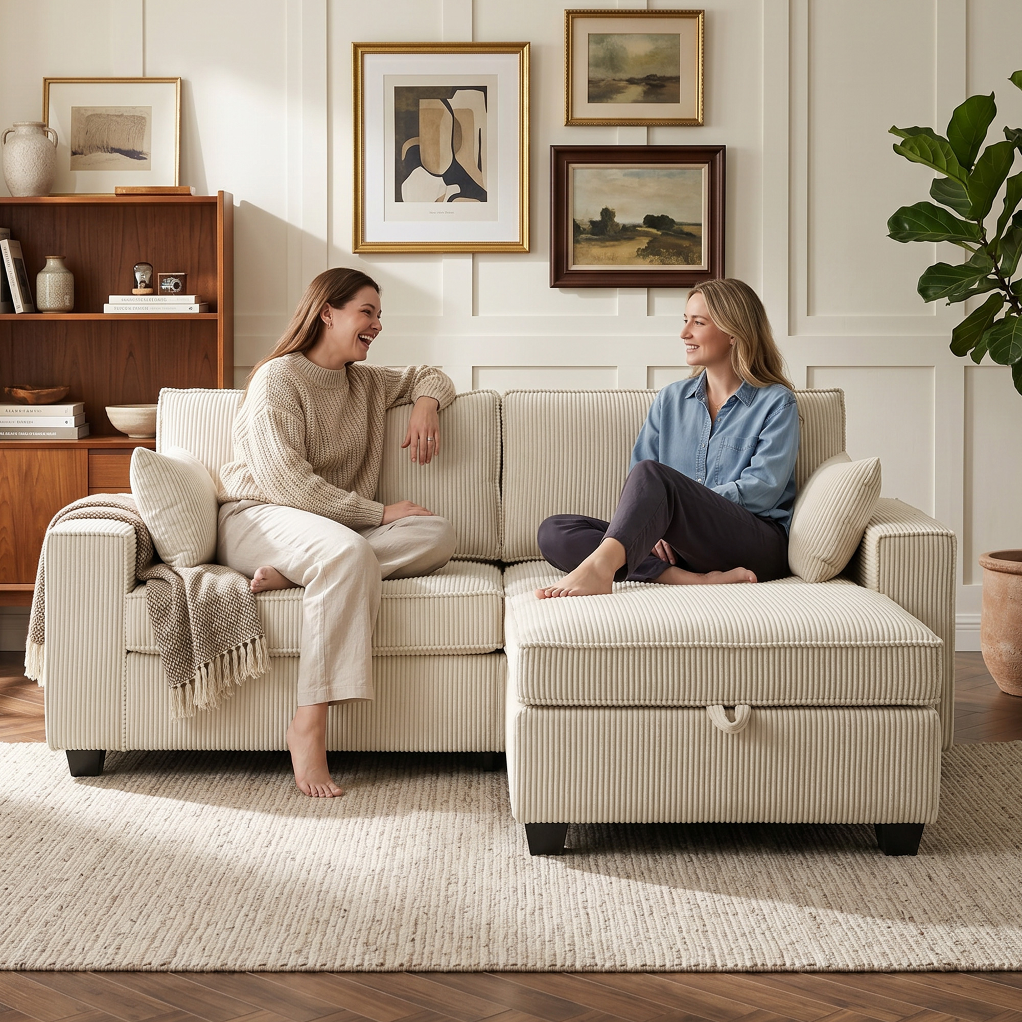 Ecksofa 216 cm 3-Sitzer L-Form Sofa mit Umkehrbarem Aufbwahrungshocker, Cord-Optik, Breiter Sitzfläche, für Wohnzimmer