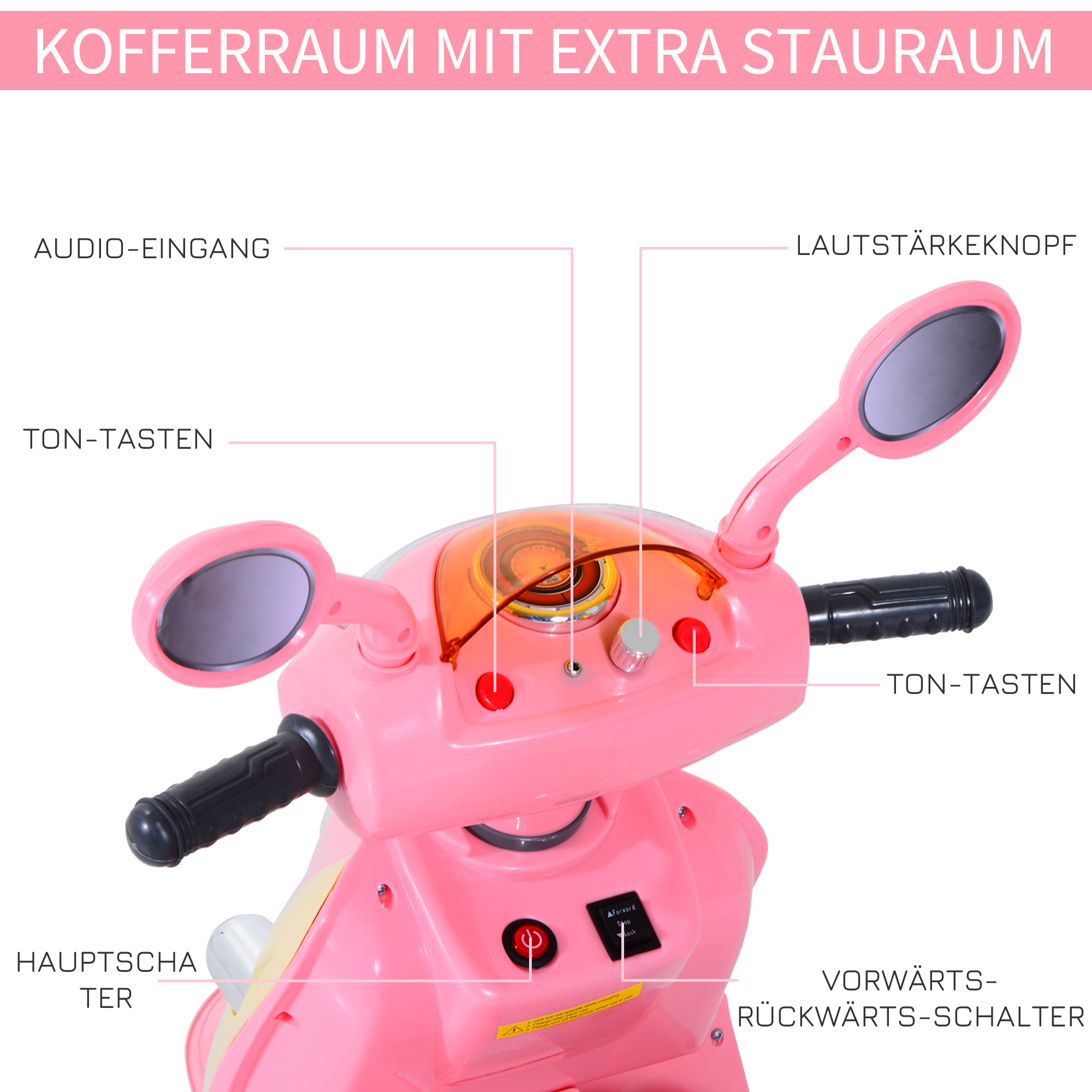 Elektro Kindermotorrad Elektromotorrad Kinderelektroauto Kinderfahrzeug Dreirad, 6V, Metall+PP, 108x51x75cm (Rosa+Gelb)