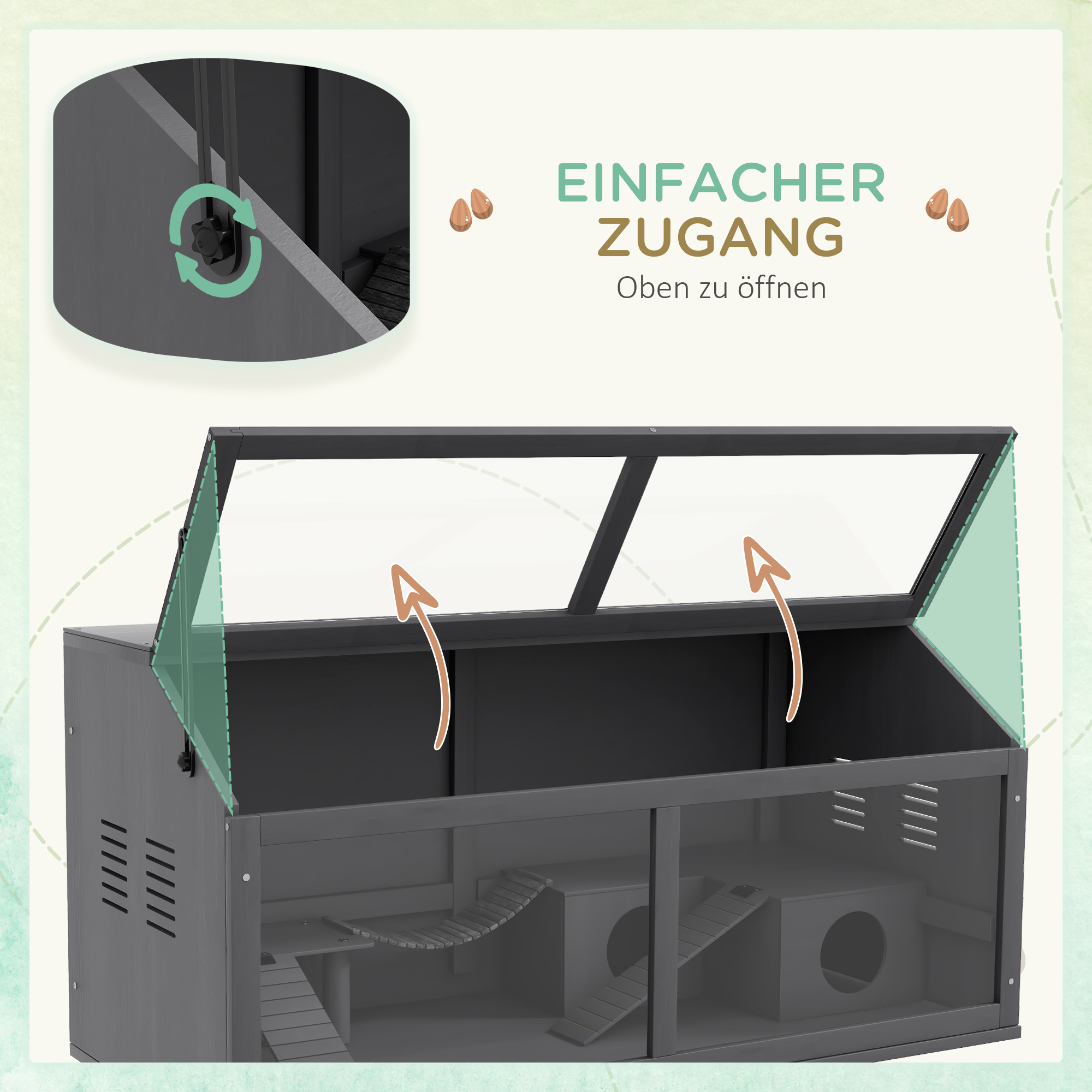 Kleintierkäfig Nagerkäfig, mit Zubehör, Tannenholz,100 cm x 52 cm x 50 cm, Grau