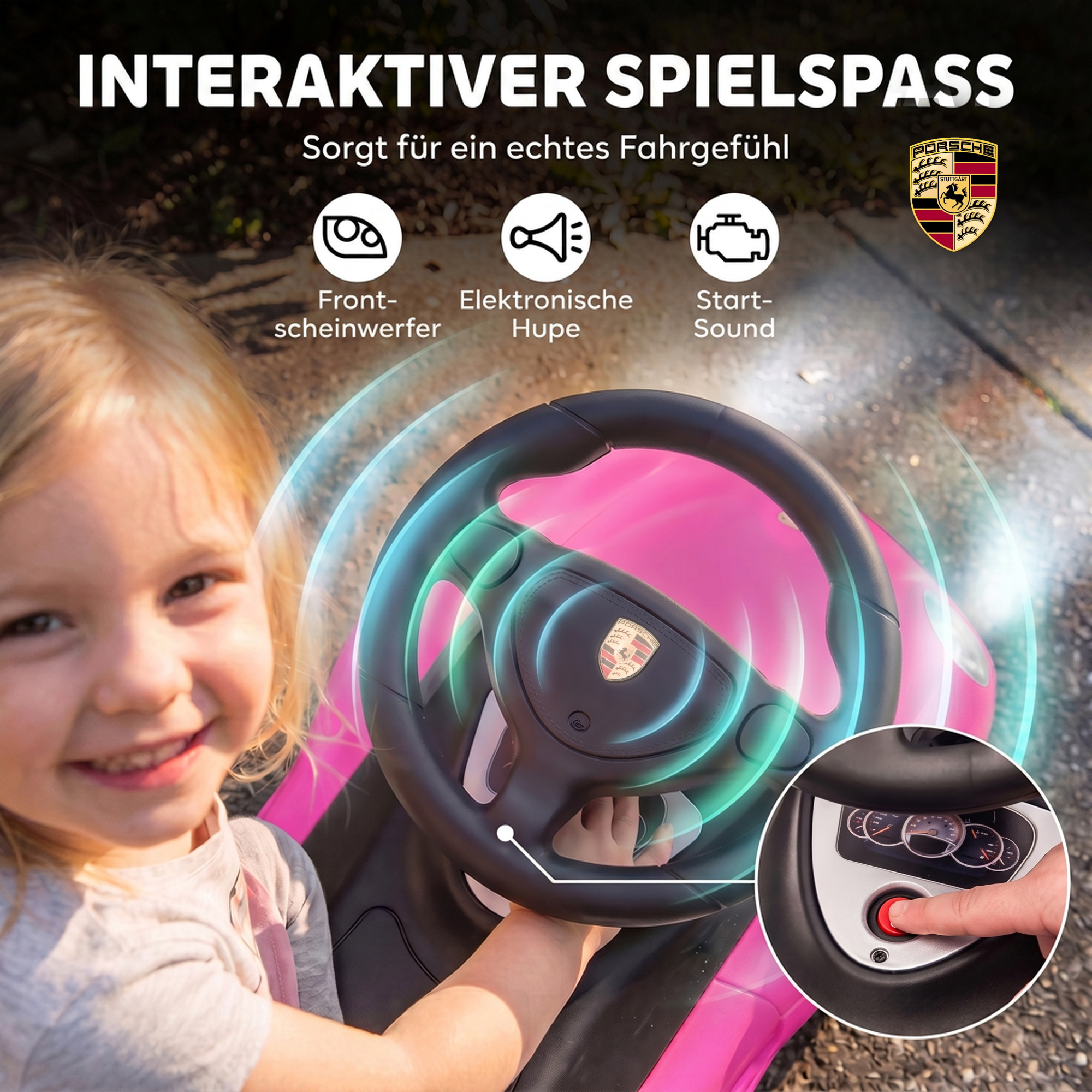 Rutschauto Kinder Porsche Rutschfahrzeug mit Hupe Licht Motorgeräuschen, für 18–36 Monate, Rosa
