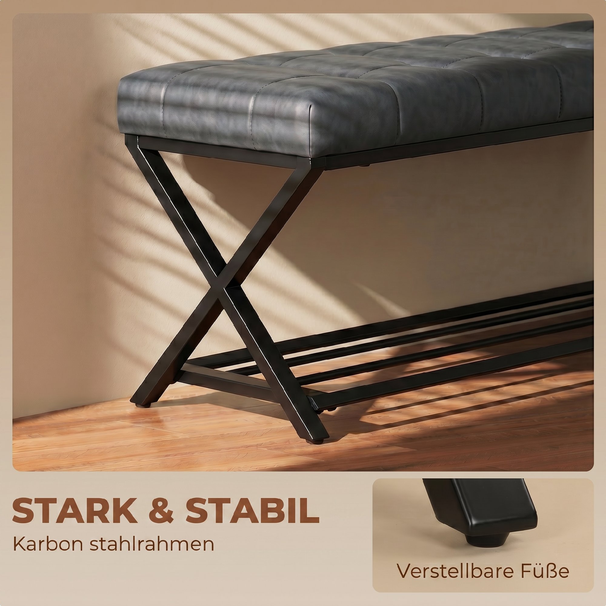 Schuhbank, Eingangsbank mit Kunstlederpolster, Ablage bis 220 kg für Flur, Eingangsbereich, 112 x 37 x 47 cm, Dunkelgrau