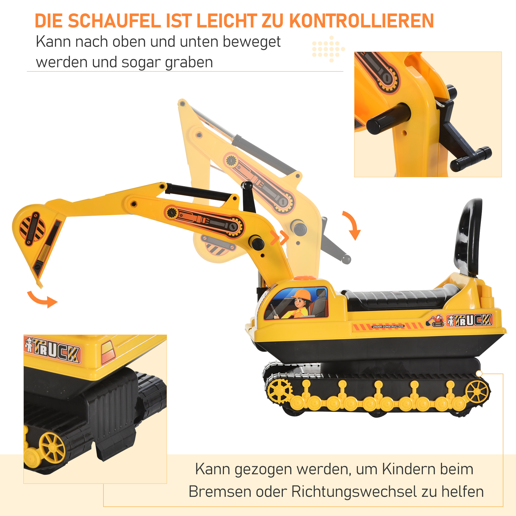 Sitzbagger Aufsitzbagger mit Schaufel Hupe, Kinderbagger mit Stauraum unter Sitz, Rutschauto Baggerfahrzeug zum Sitzen bis 30kg, Draufsitzen Sandbagger für Kinder 1,5-4 Jahre Gelb