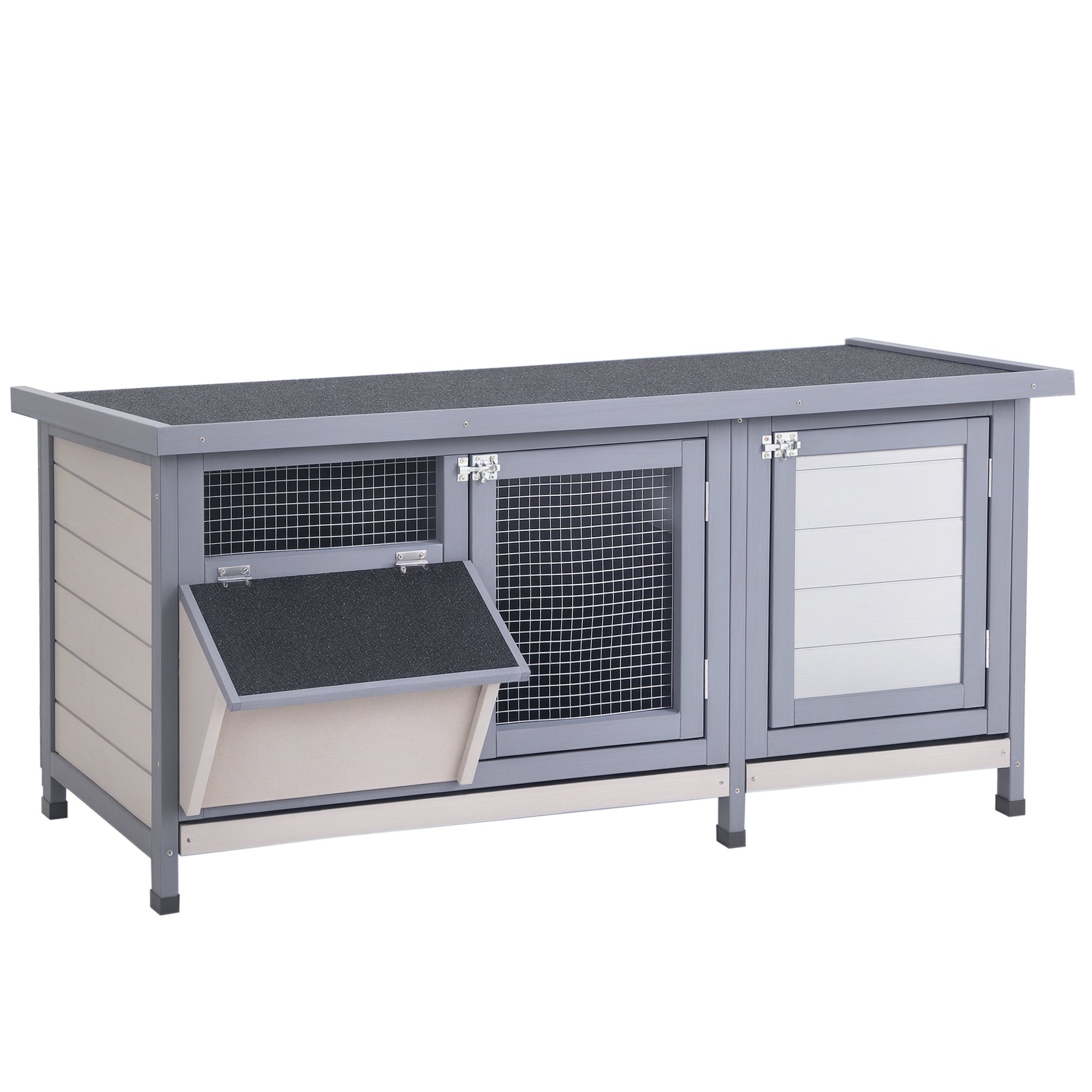 Hasenstall Winterfest Kaninchenstall aus Holz 112x50x54 cm Kaninchenkäfig mit Bitumendach, 2 Türen, Metallgitter, Hasenkäfig für Kaninchen, Meerschweinchen Outdoor Grau+Schwarz
