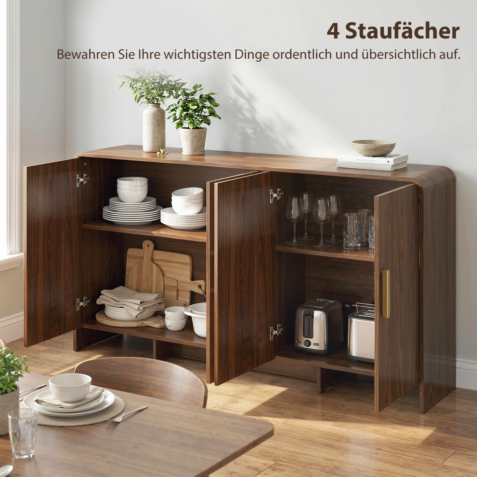 152 cm Sideboard Buffet-Schrank mit Soft-Close-Türen, TV-Schrank für Fernseher bis 72 Zoll, Walnussbraun