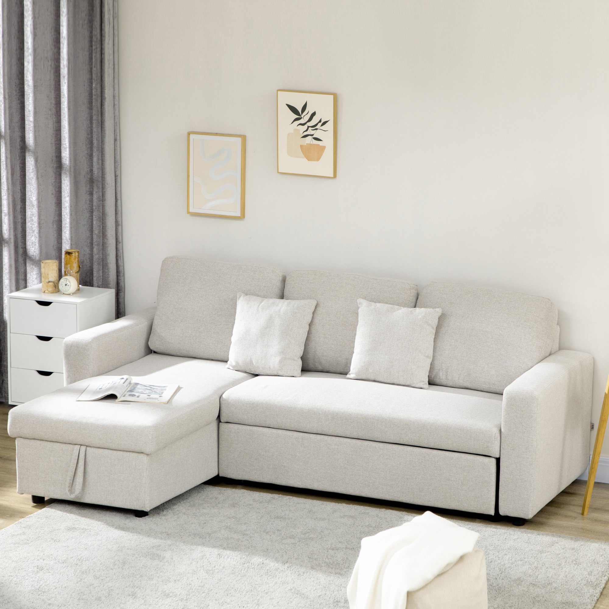 Ecksofa mit Bettfunktion, Eckcouch inklusive 2er-Sitz Sofa, Einzelbett, L-Form mit Stauraum, 2 Kissen Cremeweiß