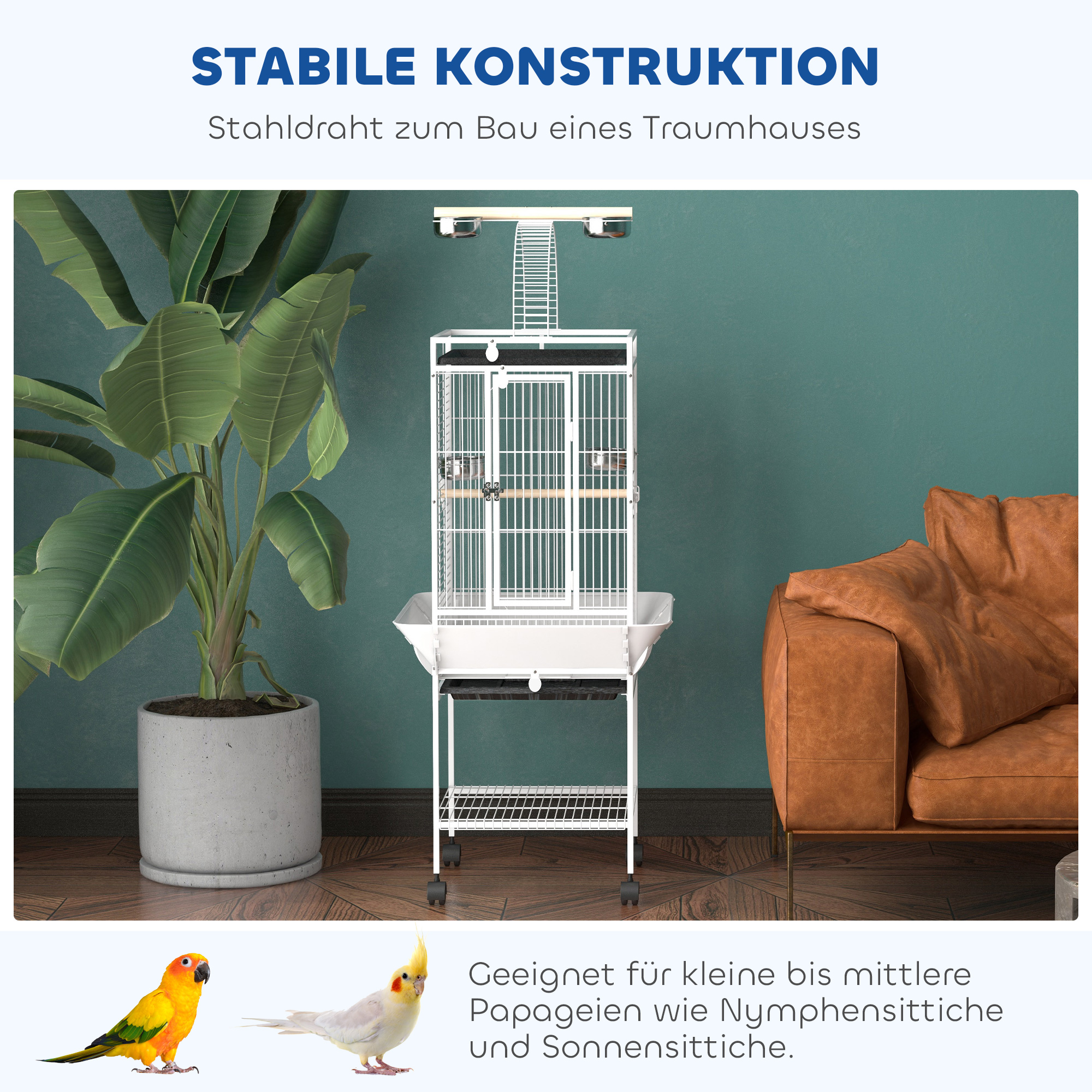 Vogelkäfig, Papageienkäfig mit 3 Türen, 2 Sitzstange, 360° Rollen, Futternapf, Ablage, Freisitz, 62,5x62,5x156cm, Weiß