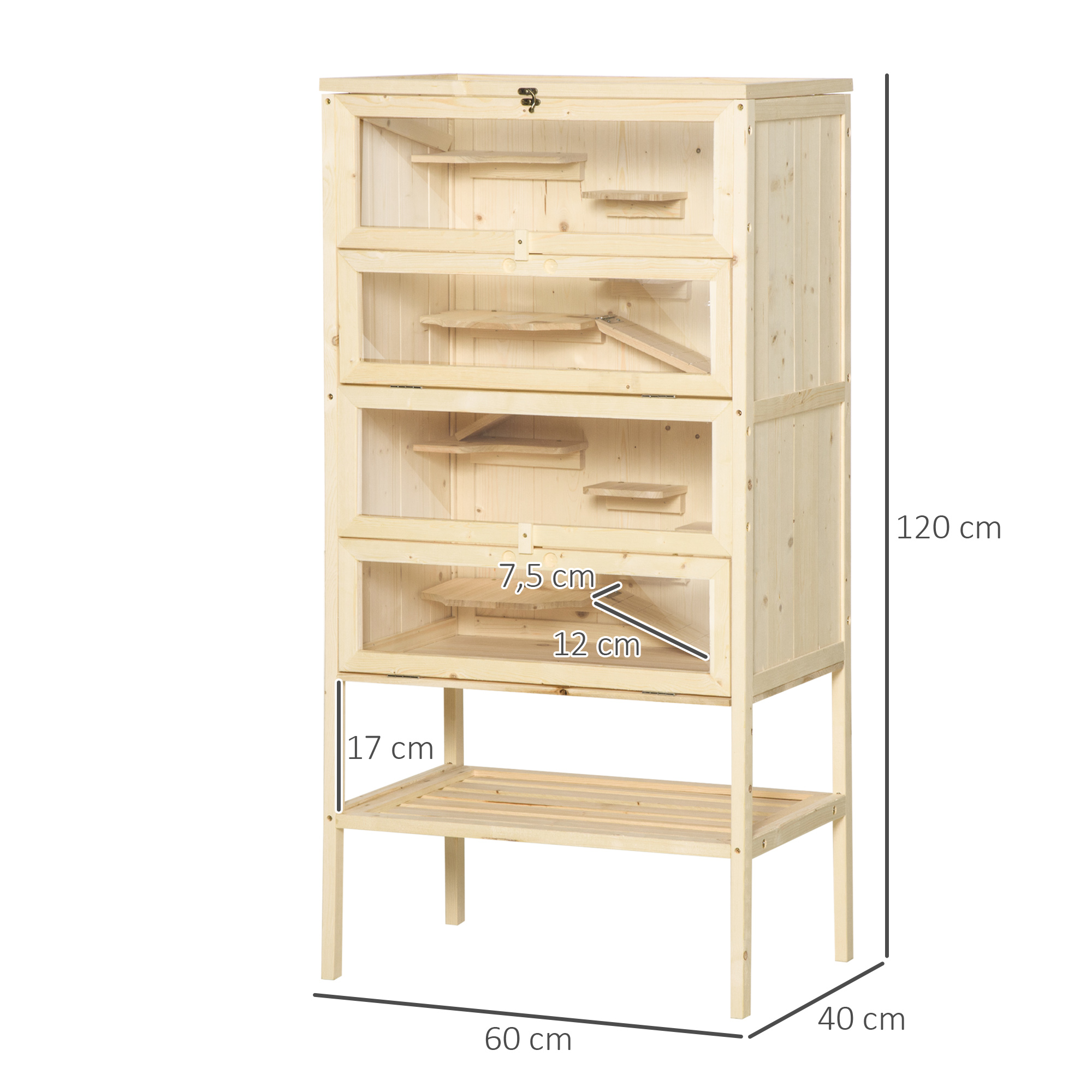 Hamsterkäfig aus Holz 5 Etagen Nagarium Nagerkäfig Kleintierkäfig mit Gitterdach Rampen, Holzkäfig Mäusekäfig groß Käfig für Hamster Zwerghamster 60 x 40 x 120 cm Naturholz