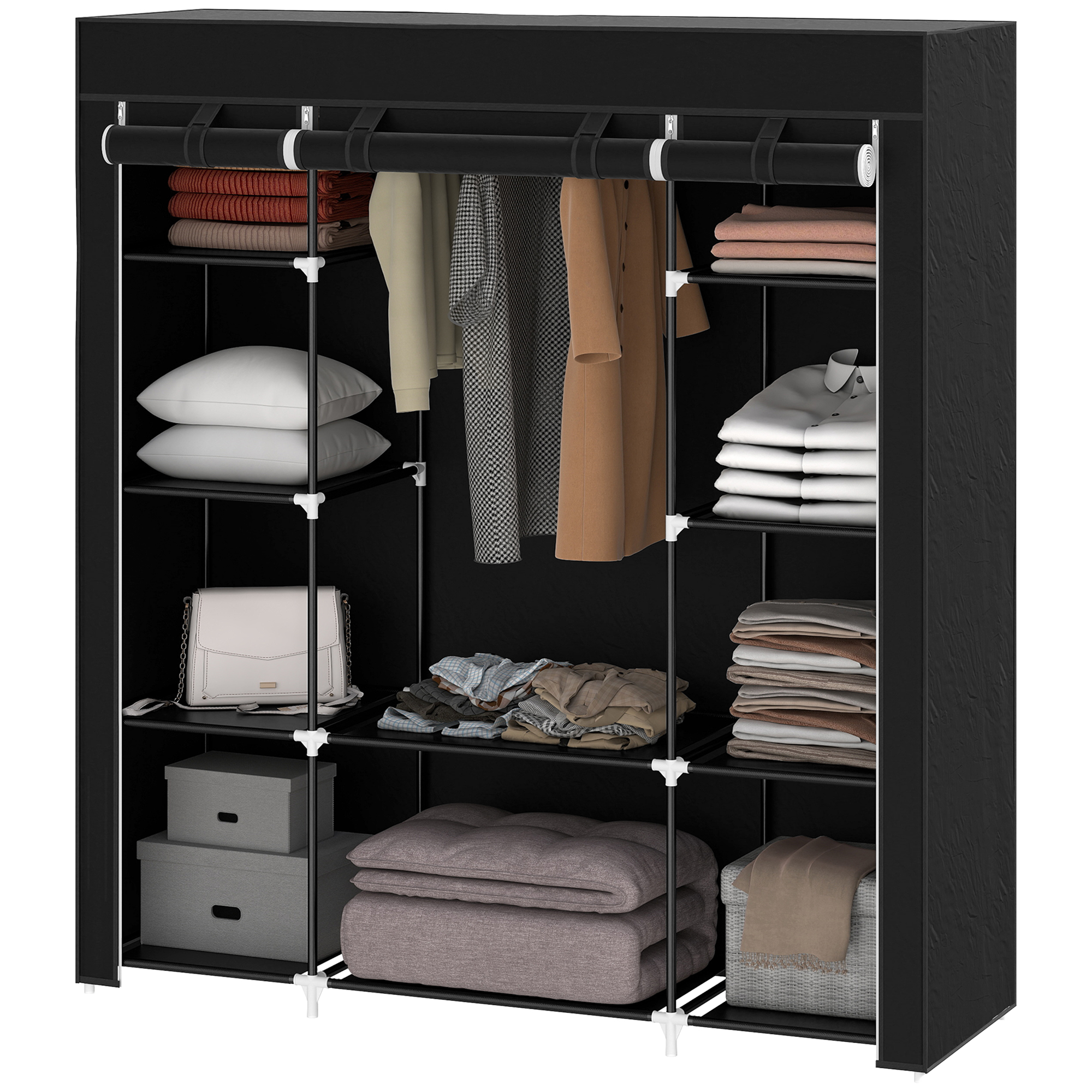 Stoffschrank aus Vlies, Faltschrank, 1 Kleiderstange, 9 Regale, 150 cm x 43 cm x 162,5 cm, Schwarz