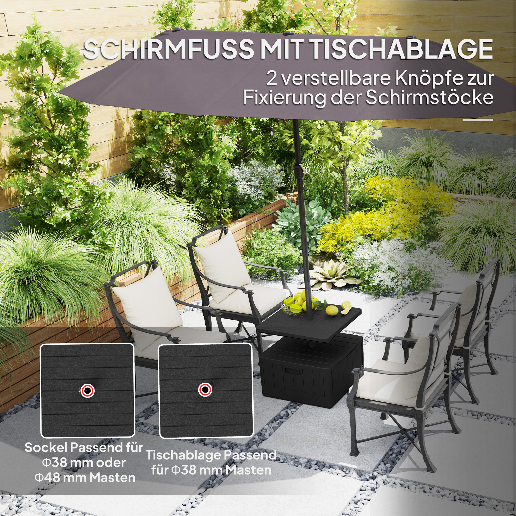 Terrassenschirmständer, Gartenschirmständer mit Tischplatte, Terrassenschirmbasis, Kunststoff, Schwarz