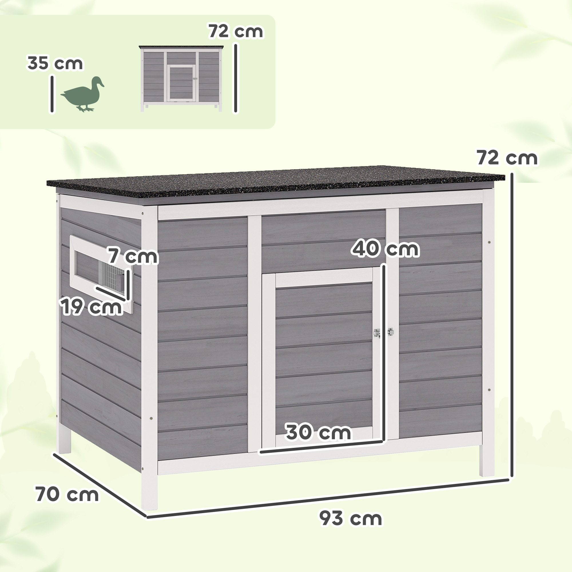 Entenstall wetterfest Entenhaus aus Holz mit herausnehmbar Boden Schiebefenster aufklappbar Asphaltdach 93x70x72cm Grau