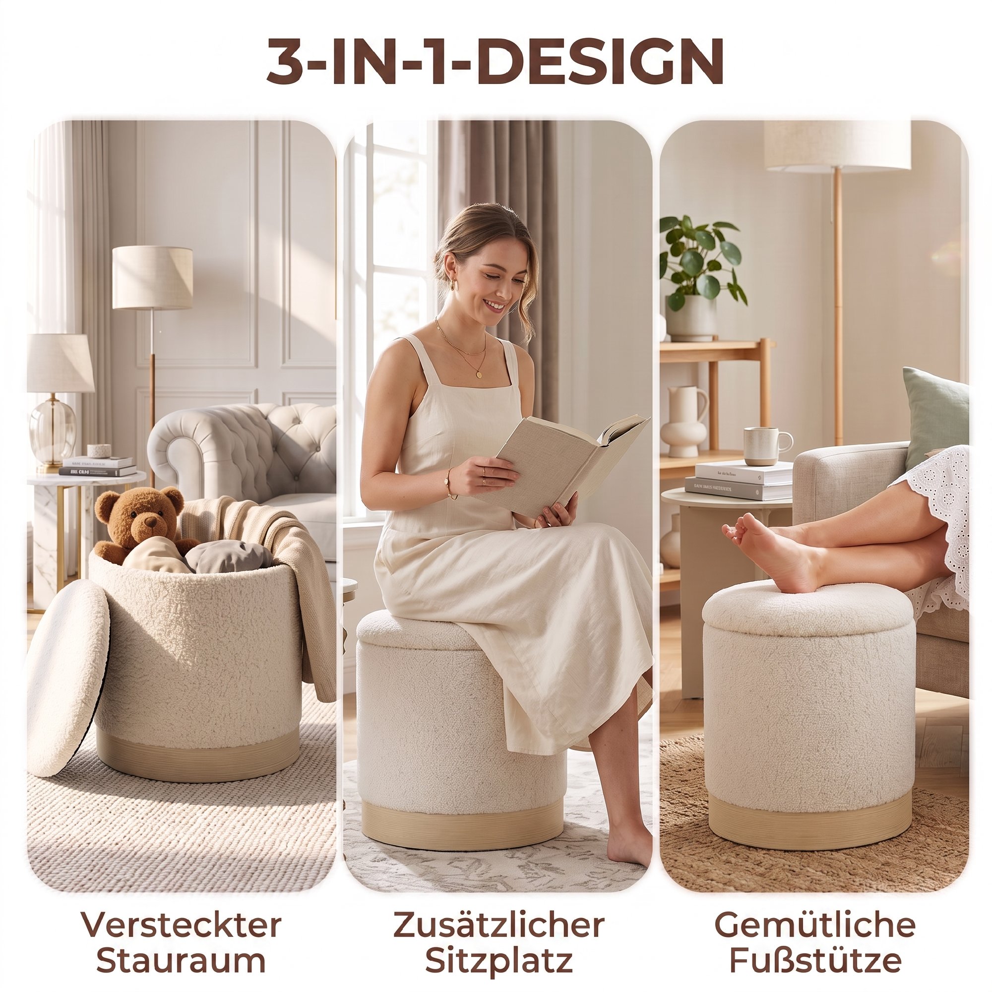 38 cm Rundhocker mit Sherpa-Bezug, Aufbewahrung und Holzoptik-Metallfuß, Cremeweiß