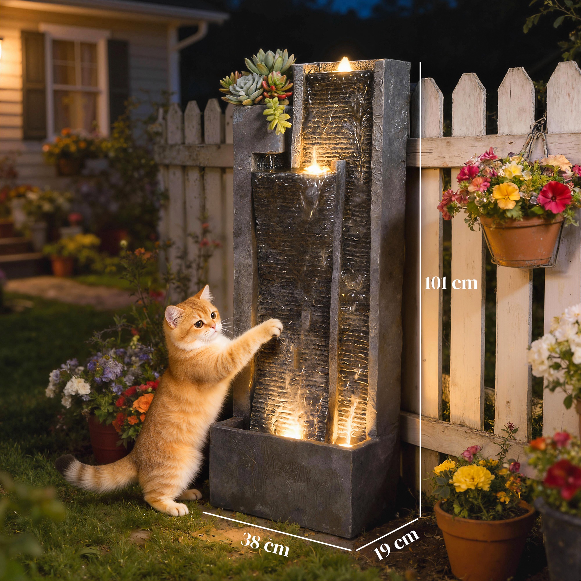 Springbrunnen 3-stufig Gartenbrunnen mit LED Beleuchtung Pflanzkübel Pumpe Steinoptik, Verstellbar 38 x 19 x 101 cm