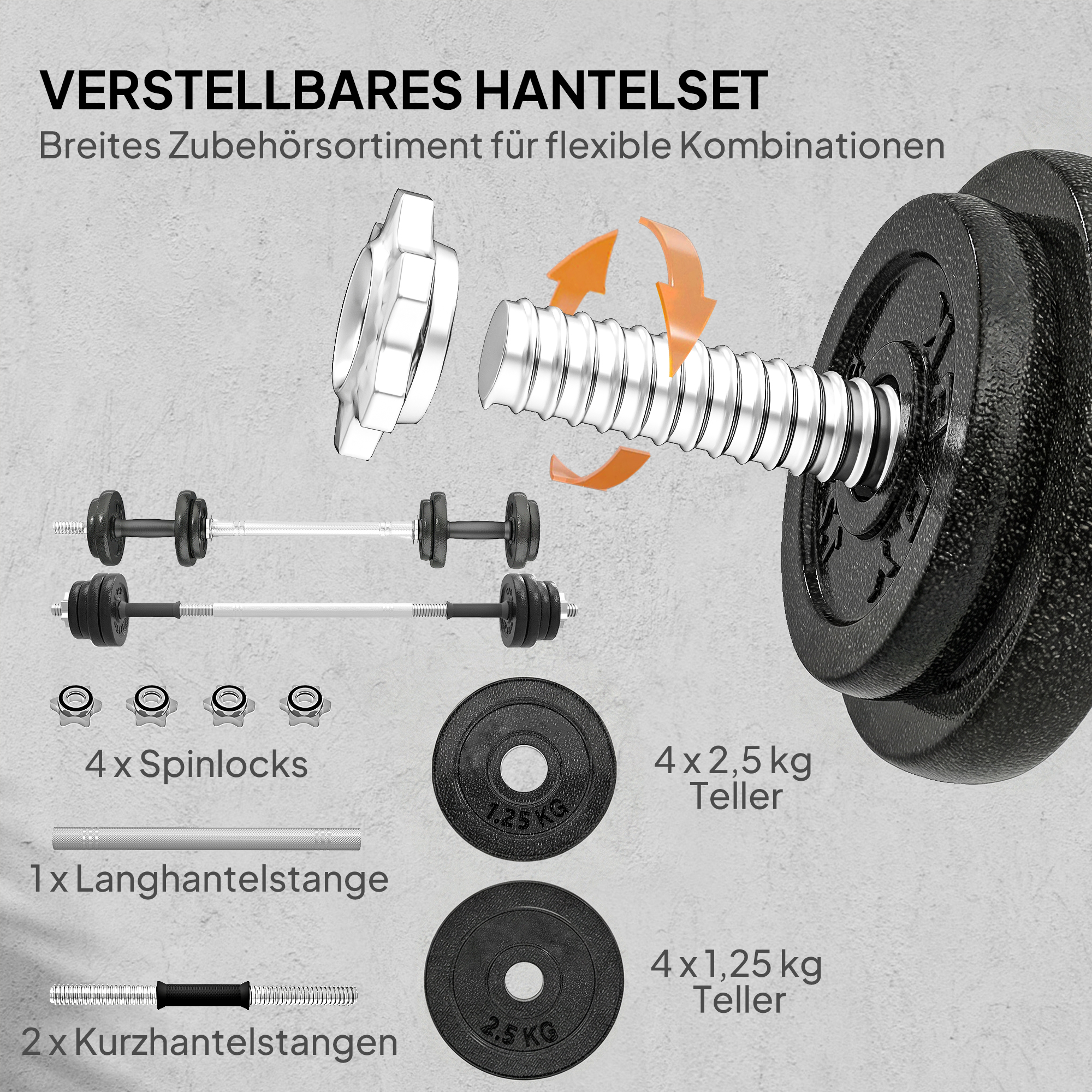 Hantelset 2-in-1 Kurzhanteln Langhanteln verstellbar bis 20 KG mit rutschfestem Griff für Krafttraining Zuhause Grau