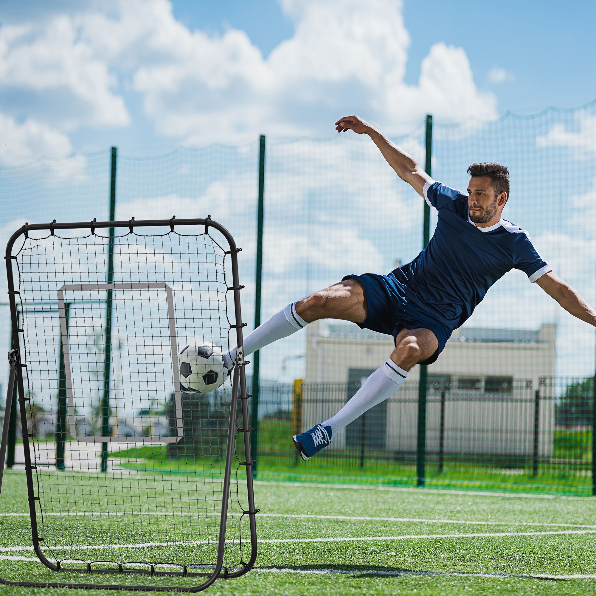 Fussball-Rückprallnetz, verstellbarer Winkel, höhenverstellbar, Rebounder, Kickback, Schwarz