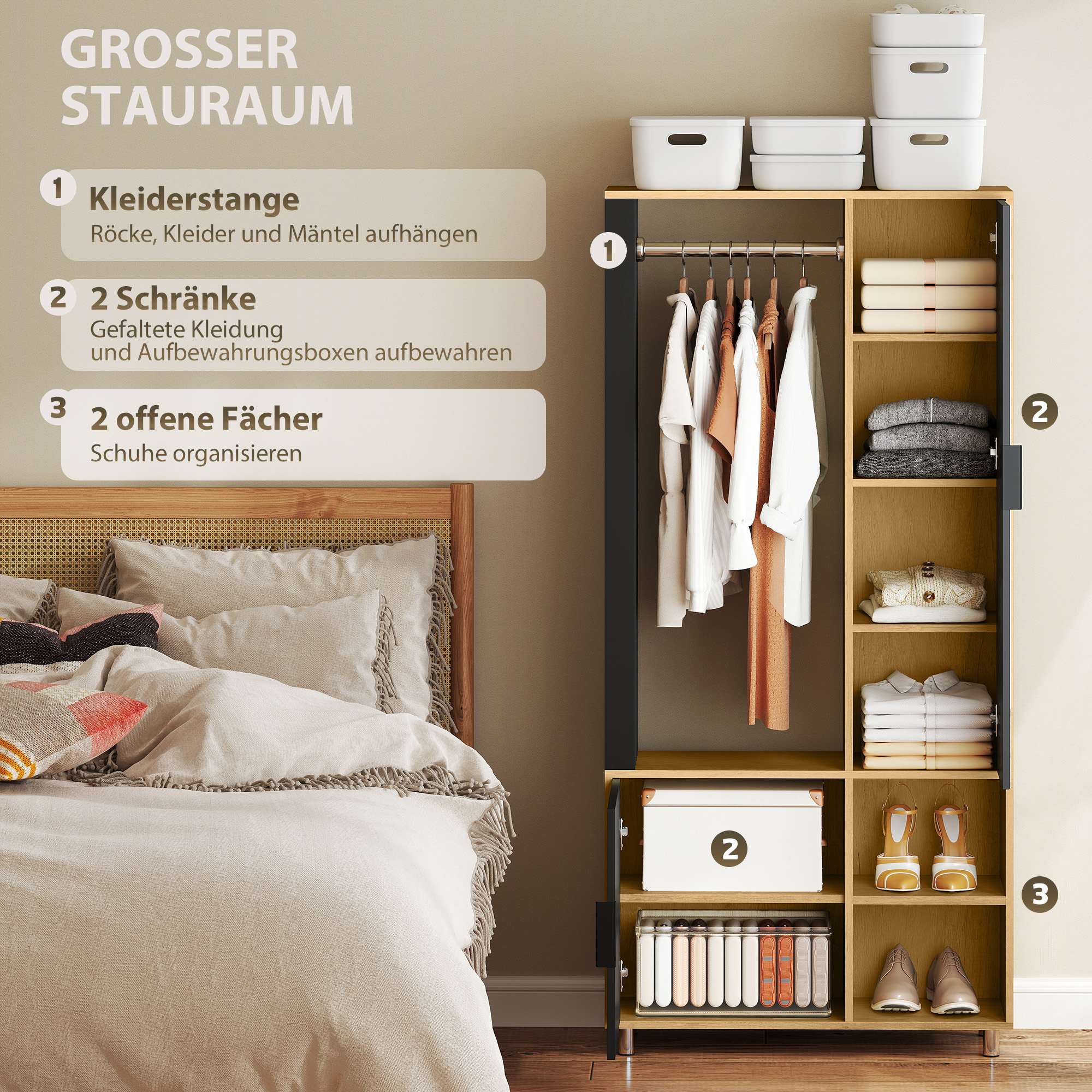 Kleiderschrank mit Spiegel und Hängestange, Aufbewahrungsfächer, offene Ablageflächen, Naturholz, Schwarz