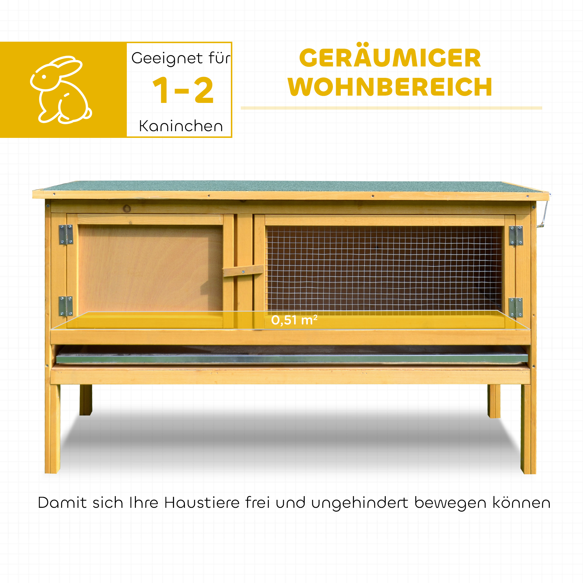 Hasenstall Kaninchenstall aus Holz mit aufklappbarem Dach, 2 Türen, auslaufsicherer Schale, 115x44,3x65 cm Hellgelb