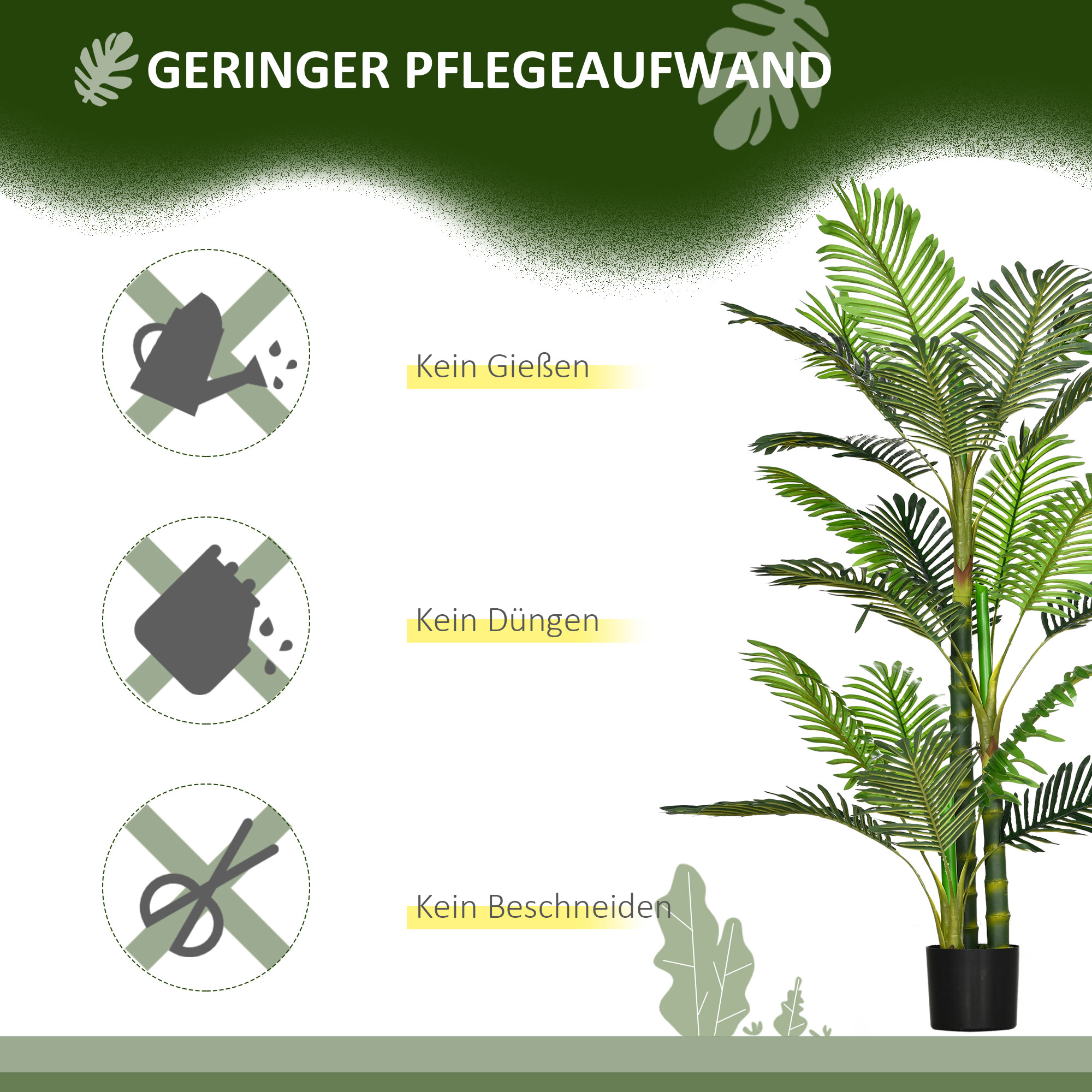Kunstpflanze, künstliche Palme, inkl. Übertopf; 19,5 cm x 19,5 cm x 150 cm, Grün + Schwarz