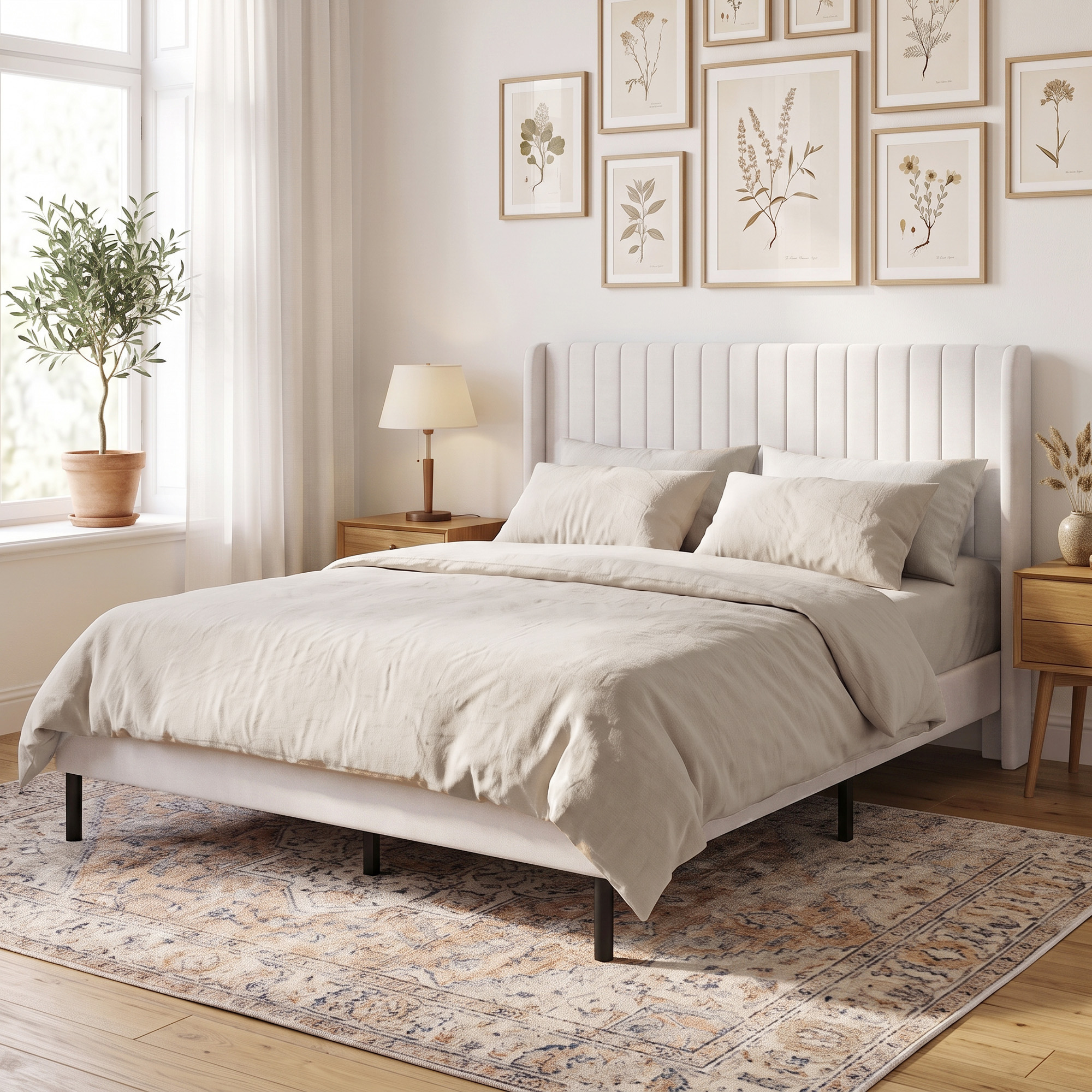 Bettgestell 140 x 200 cm mit verstellbarem Kopfteil, Polsterbett mit 12 Latten, Beige