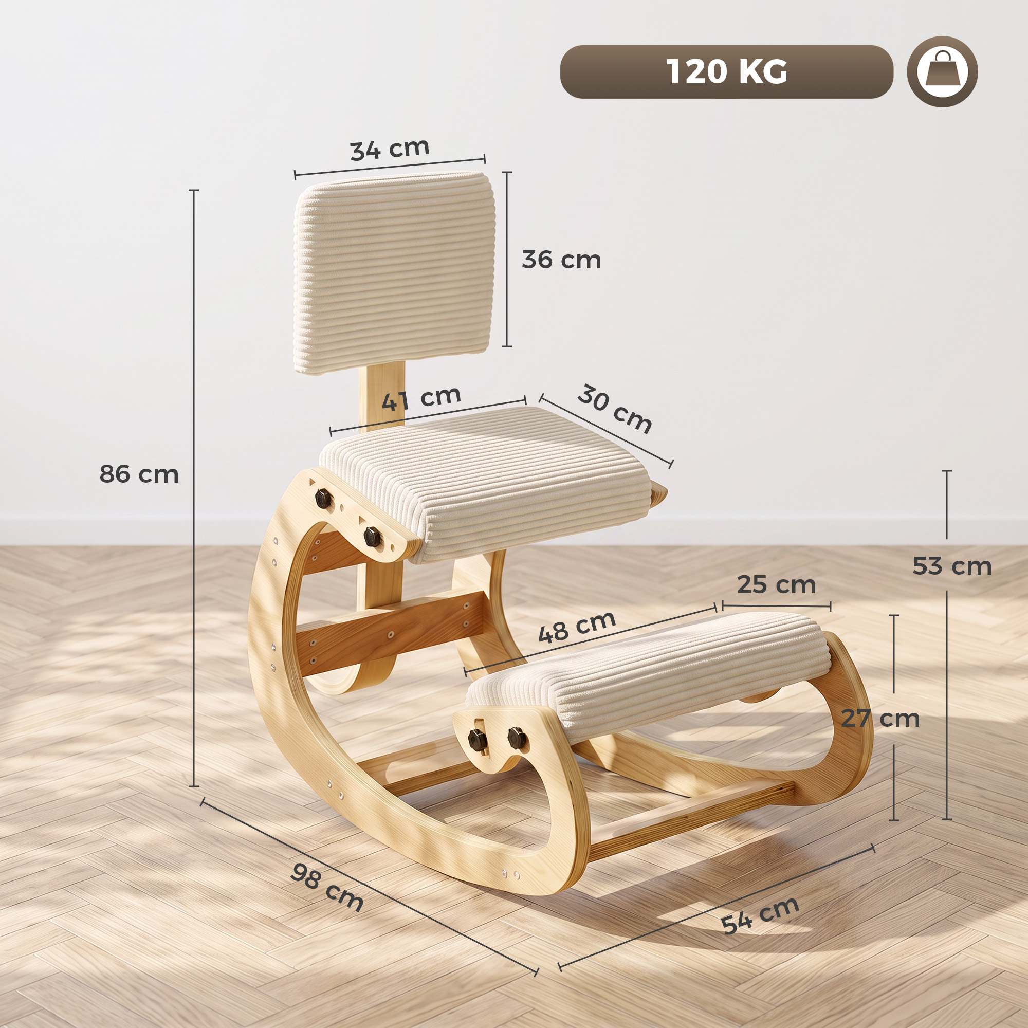 Ergonomischer Kniestuhl, Kniehocker mit Rückenlehne, Cord-Optik, Bürostuhl für Zuhause, Büro, Meditation, Cremeweiß