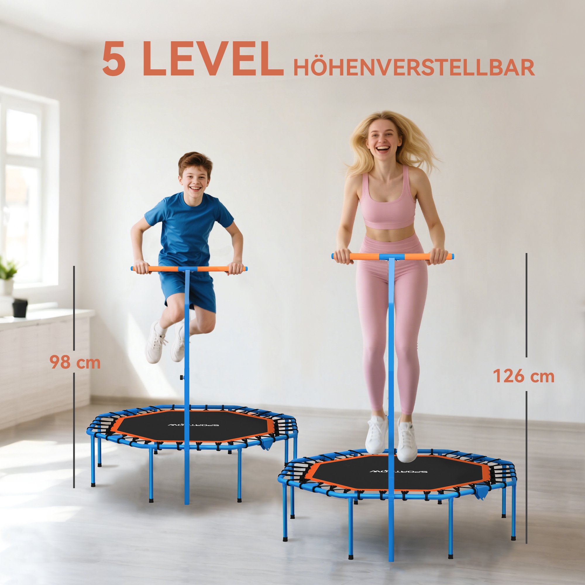 Fitness-Trampolin, Trainingstrampolin mit verstellbarem Haltegriff, stabil und leise, für drinnenf, Stahl, Blau