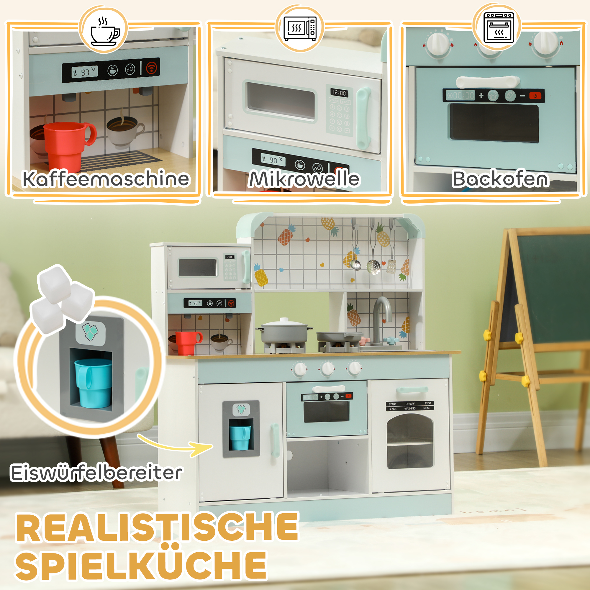 Spielküchen-Set, Kinderküche mit Effekten, Kaffeemaschine, Ofen, viel Stauraum, MDF, Edelstahl, für Kinder ab 3 Jahren