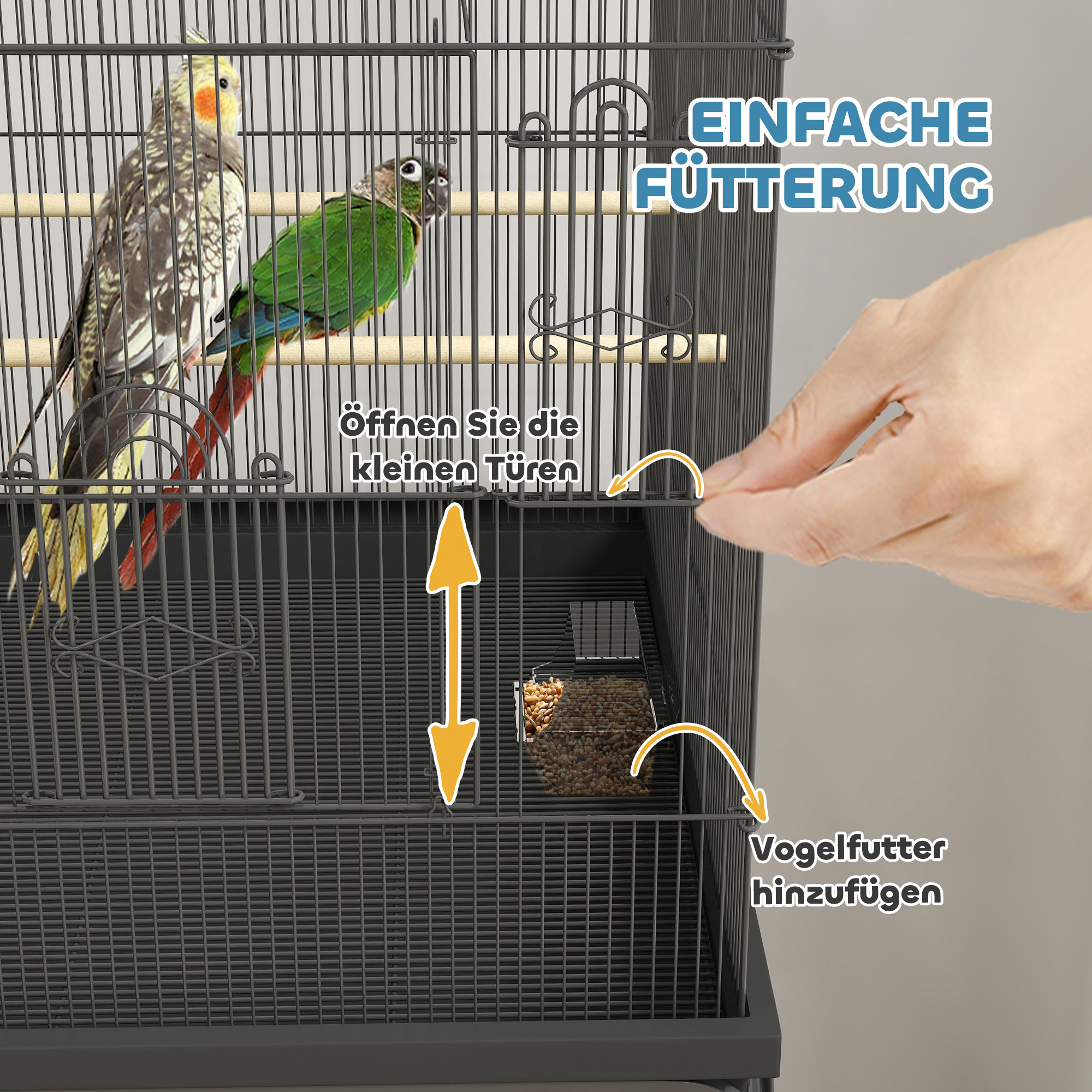 Vogelkäfig für Kanarienvögel & Wellensittiche, mobil, mit Bodenfach, Metallgitter, Schwarz