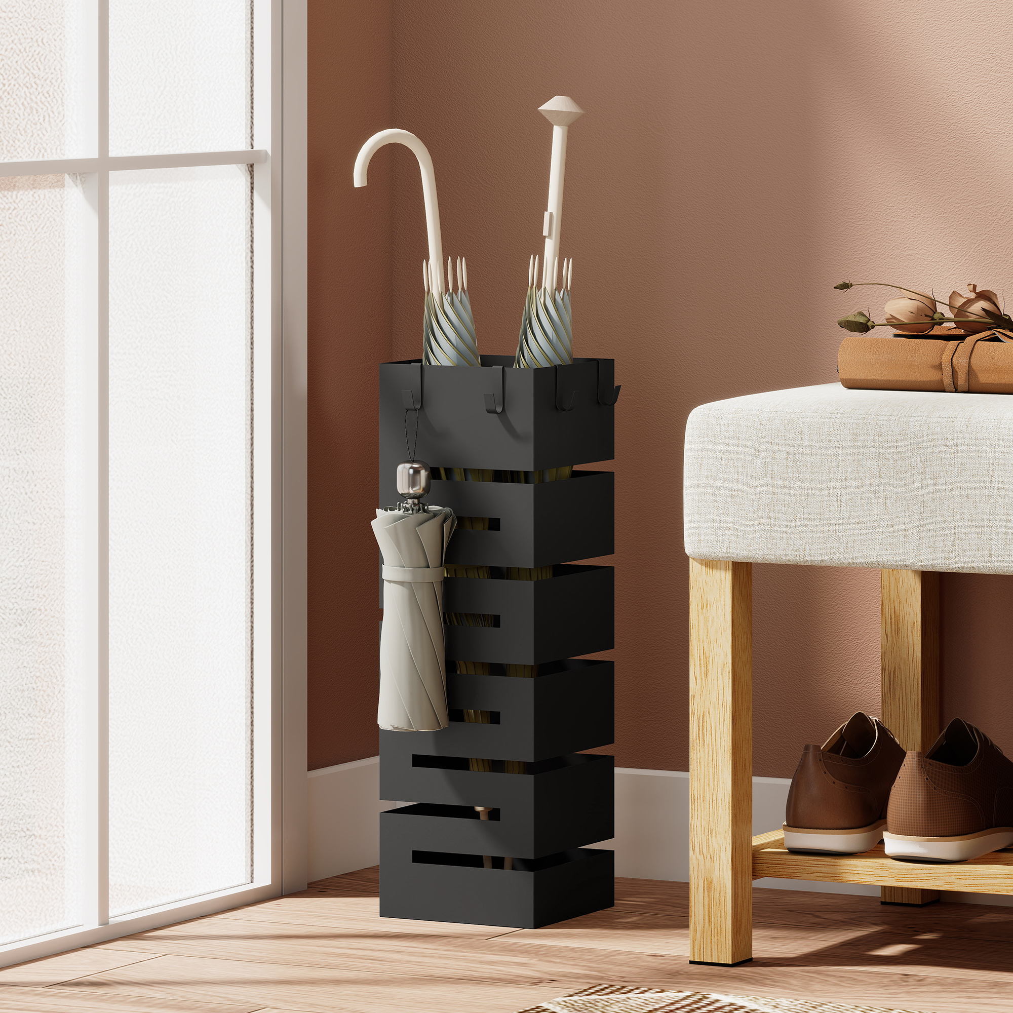 Regenschirmhalter, Metallständer für Schirme, Freistehender Schirmständer mit Haken und Tropfschale, Platz für 8 Schirme, Schwarz