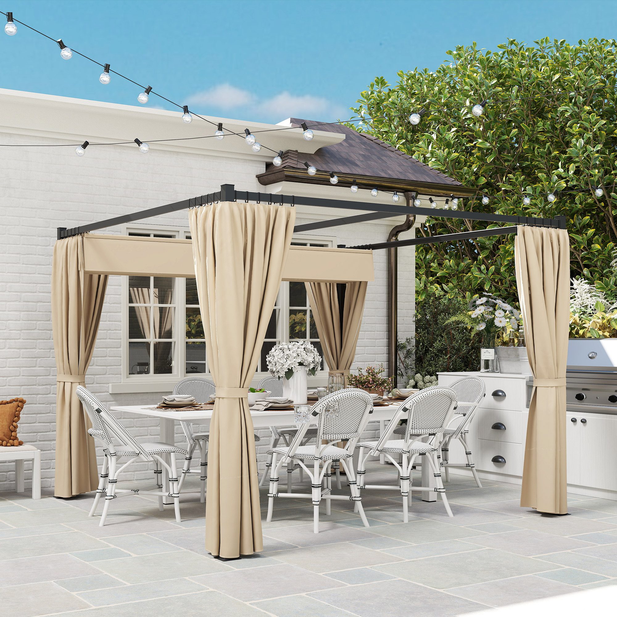 Pergola 3 x 3 m Freistehend Terrassenüberdachung mit Schiebedach, 4 Seitenwände UV-beständig Beige