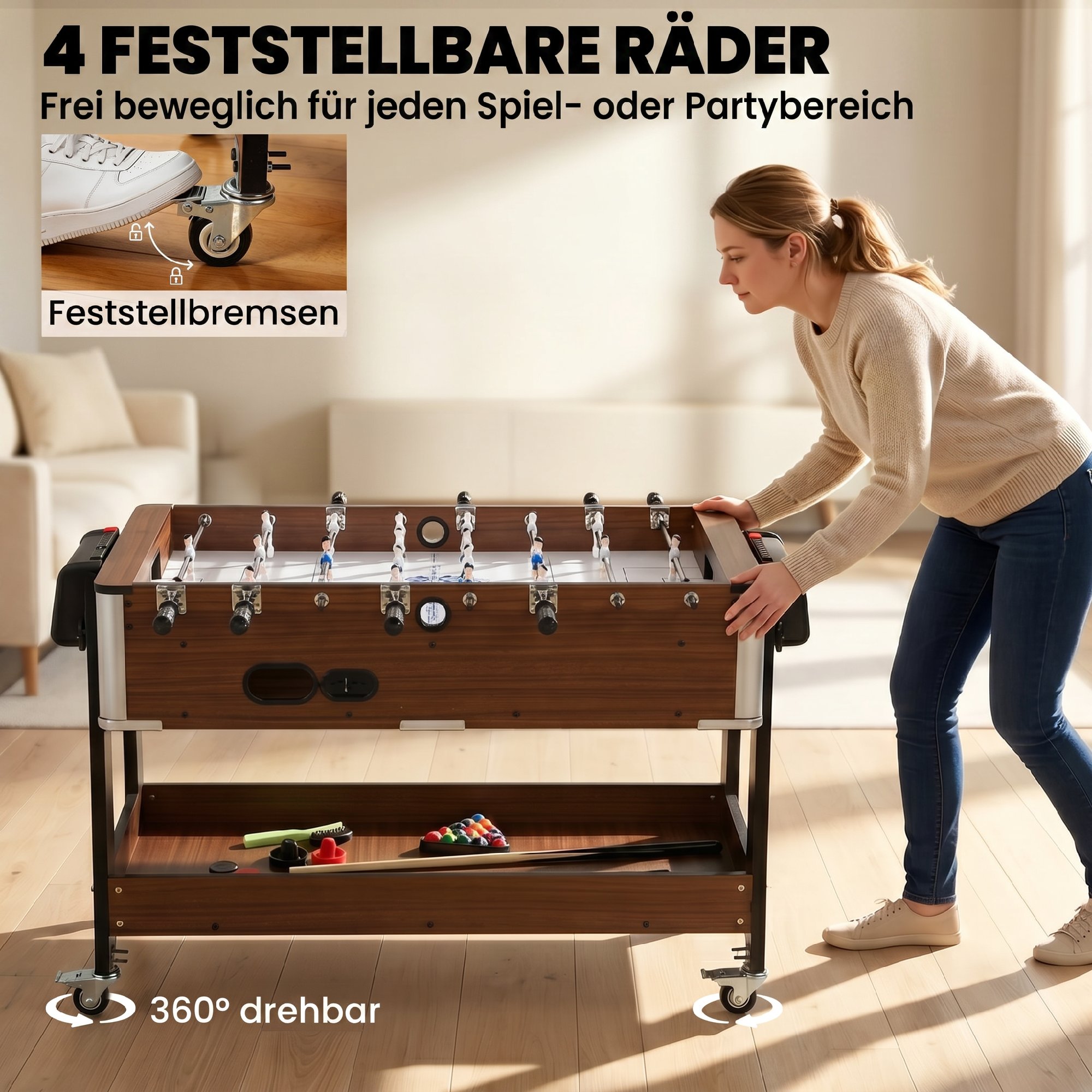 3-in-1 Multi Spieltisch drehbar Multifunktionstisch mit Billardtisch Tischfußball Airhockey Ablagefach