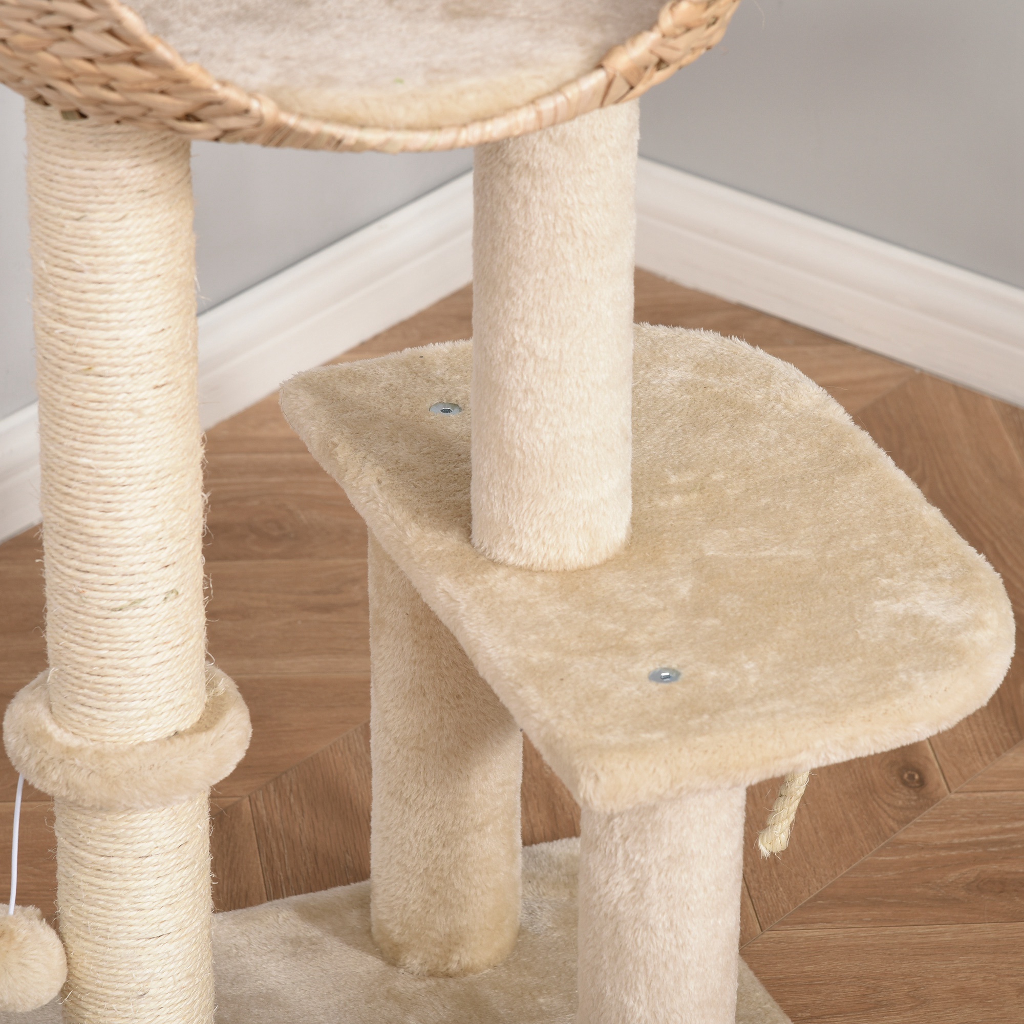 Kratzbaum 100 cm Katzenturm mit Höhle, Spielball, Sisalstämme, Plattform, mehrstöckiger Katzenkratzbaum, Kletterbaum, für mittelgroße Katzen, Beige