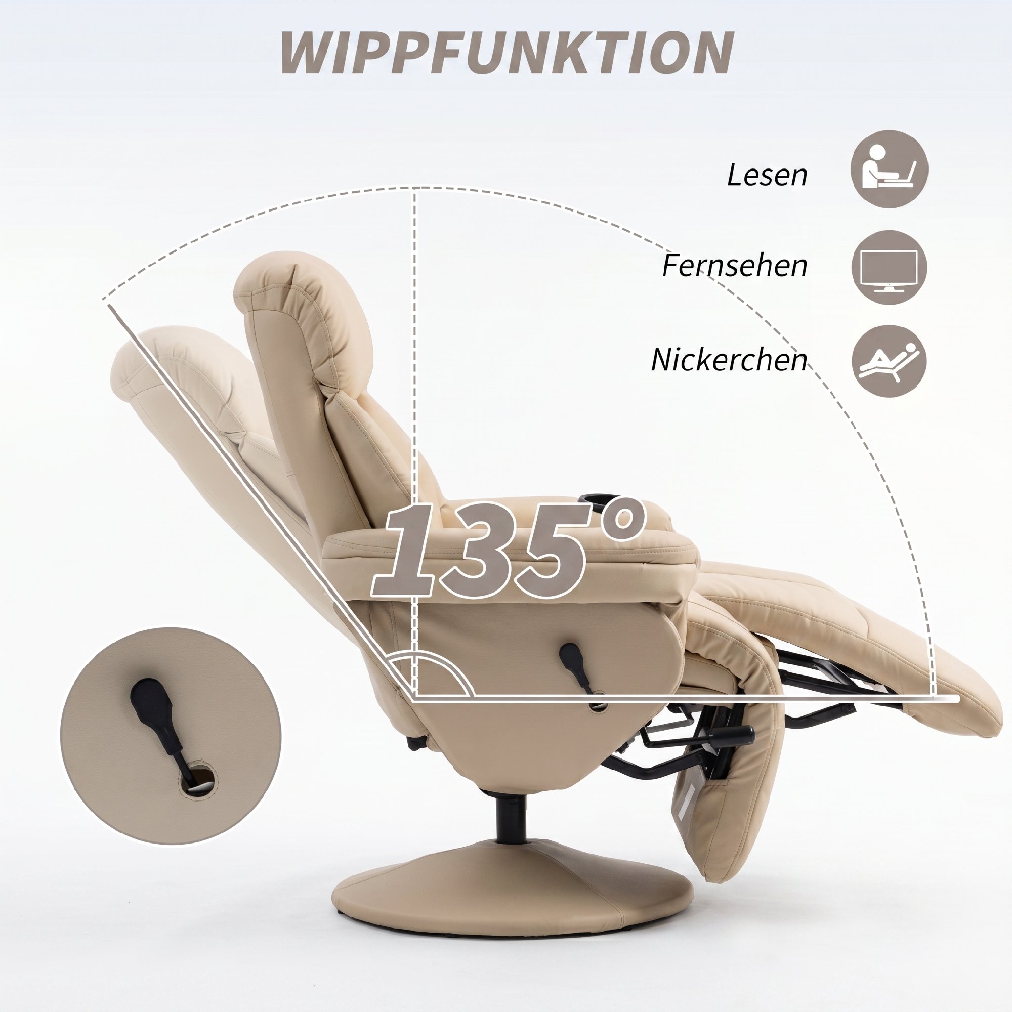 Relaxsessel mit Liegefunktion Fernsehsessel mit Seitentasche, Becherhalter für Wohnzimmer Schlafzimmer Creme