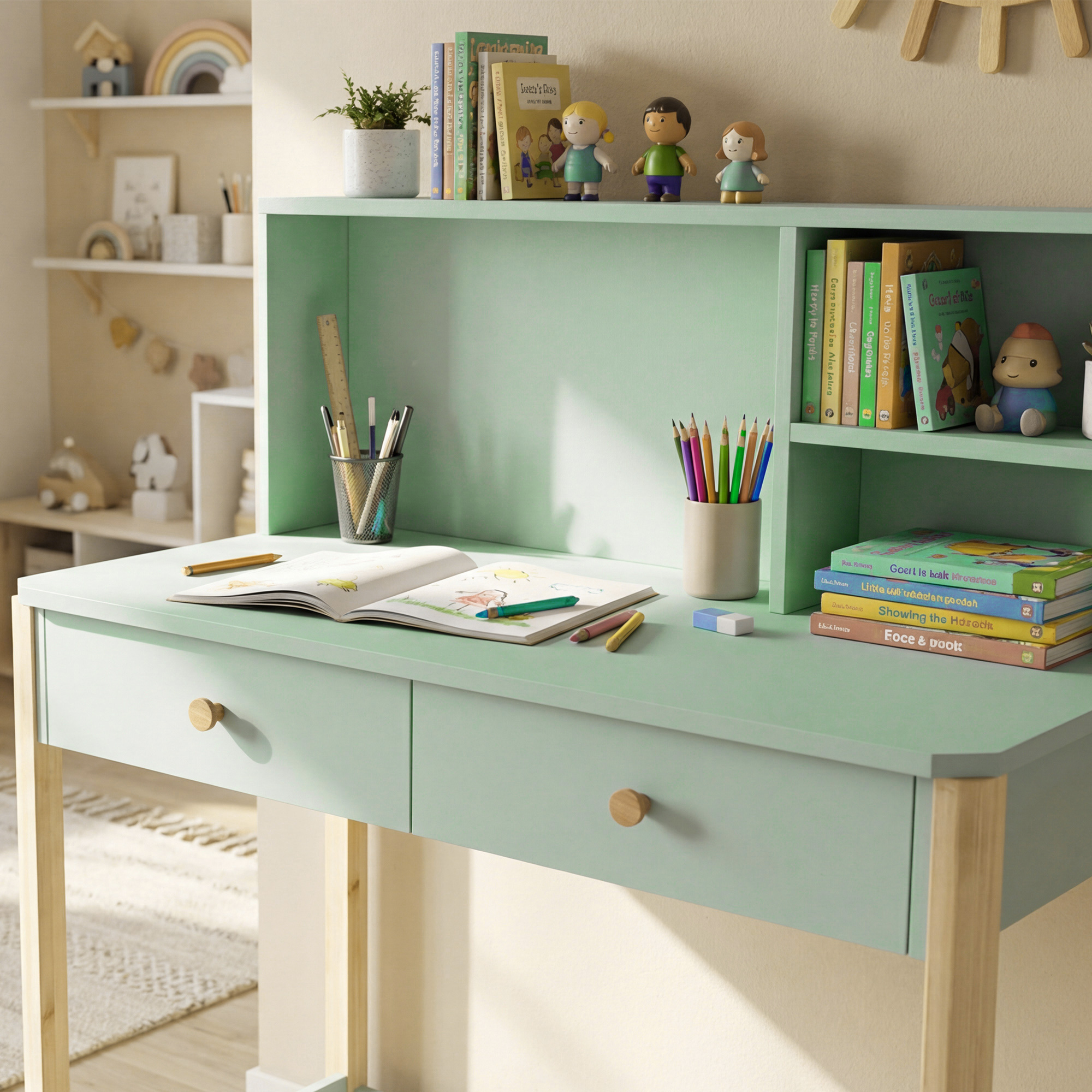Kinderschreibtisch Schülerschreibtisch mit Schubladen Regal Stauraum für 5-12 Jahre Kinder 90 x 52 x 105 cm Grün