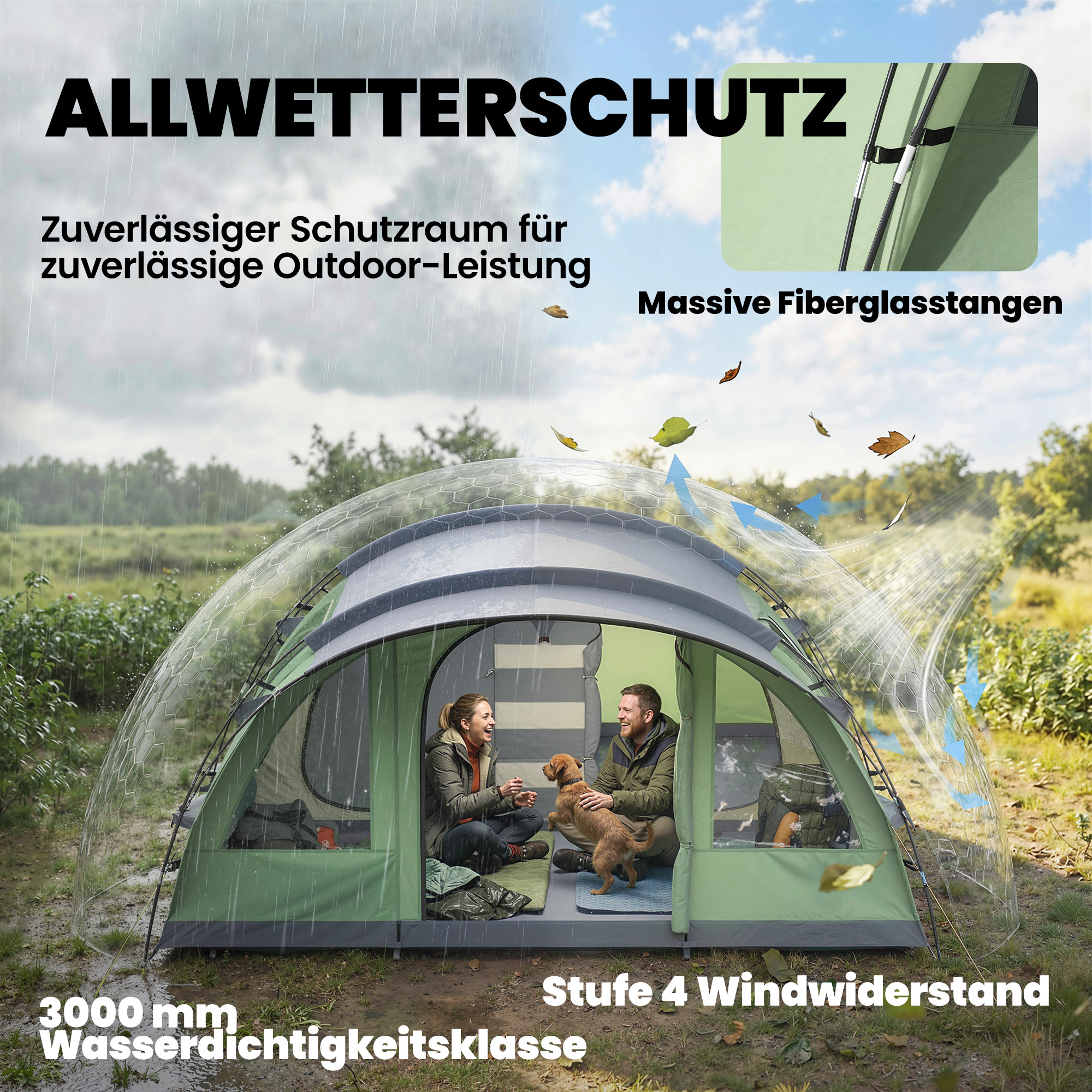 Tunnelzelt 4 Personen Familienzelt mit 2 Schlafkabine Vorzelt 4 Fenstern Bodenplane Stehhöhe 3000 mm Wassersäule