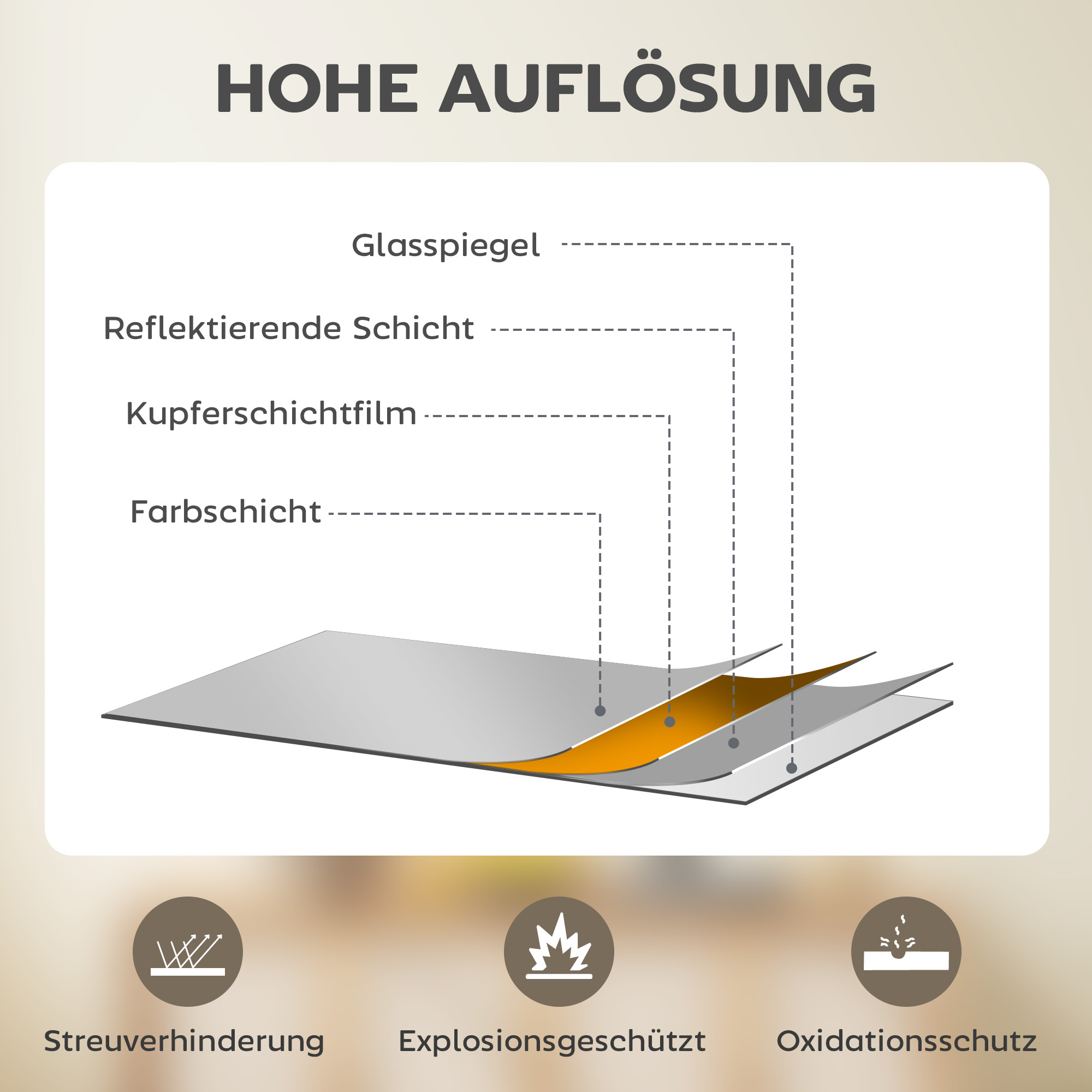 Wandspiegel, modernes Design, 61 x 61 cm, Gold