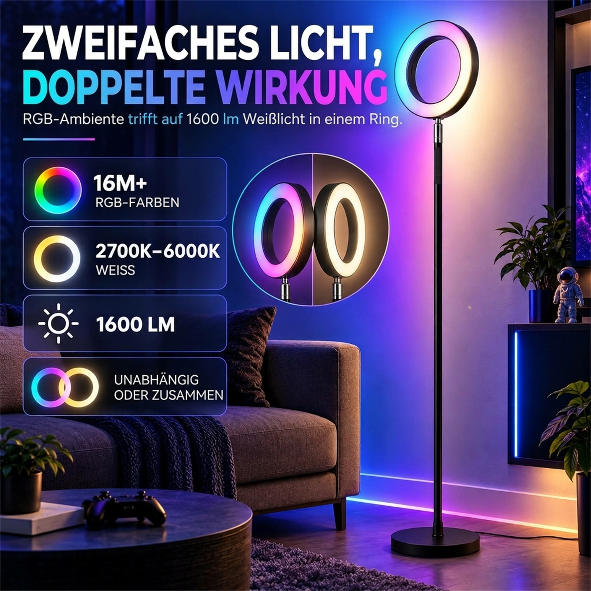 Stehlampe 42W LED dimmbar 3 Farbtemperaturen Deckenfluter verstellbarer Ringkopf Schwarz