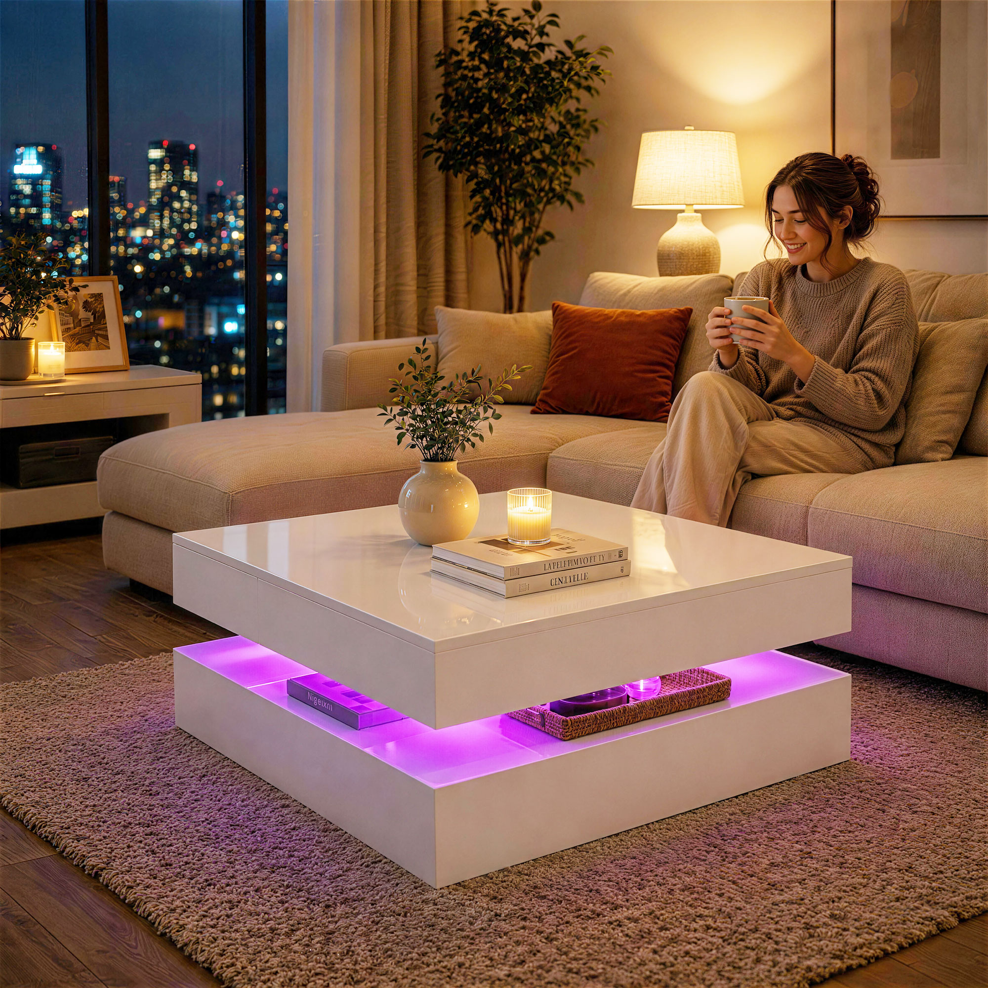 LED-Couchtisch mit Stauraum, 2-stufiger moderner Tisch mit offener Ablage und Fernbedienung, Hochglanz Weiß