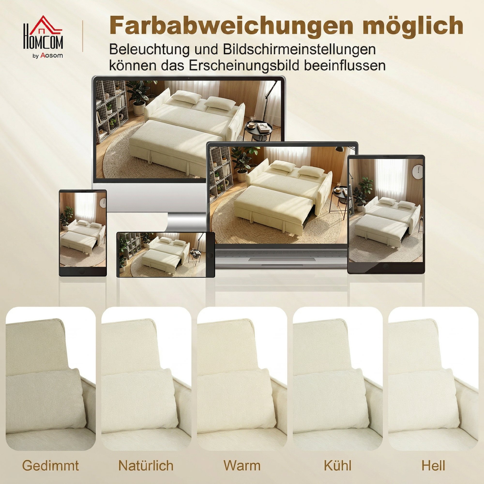 3-in-1 Verstellbares Schlafsofa, Zweisitzer mit Getränkehaltern, verstellbarer Rückenlehne und Seitentaschen, Beige