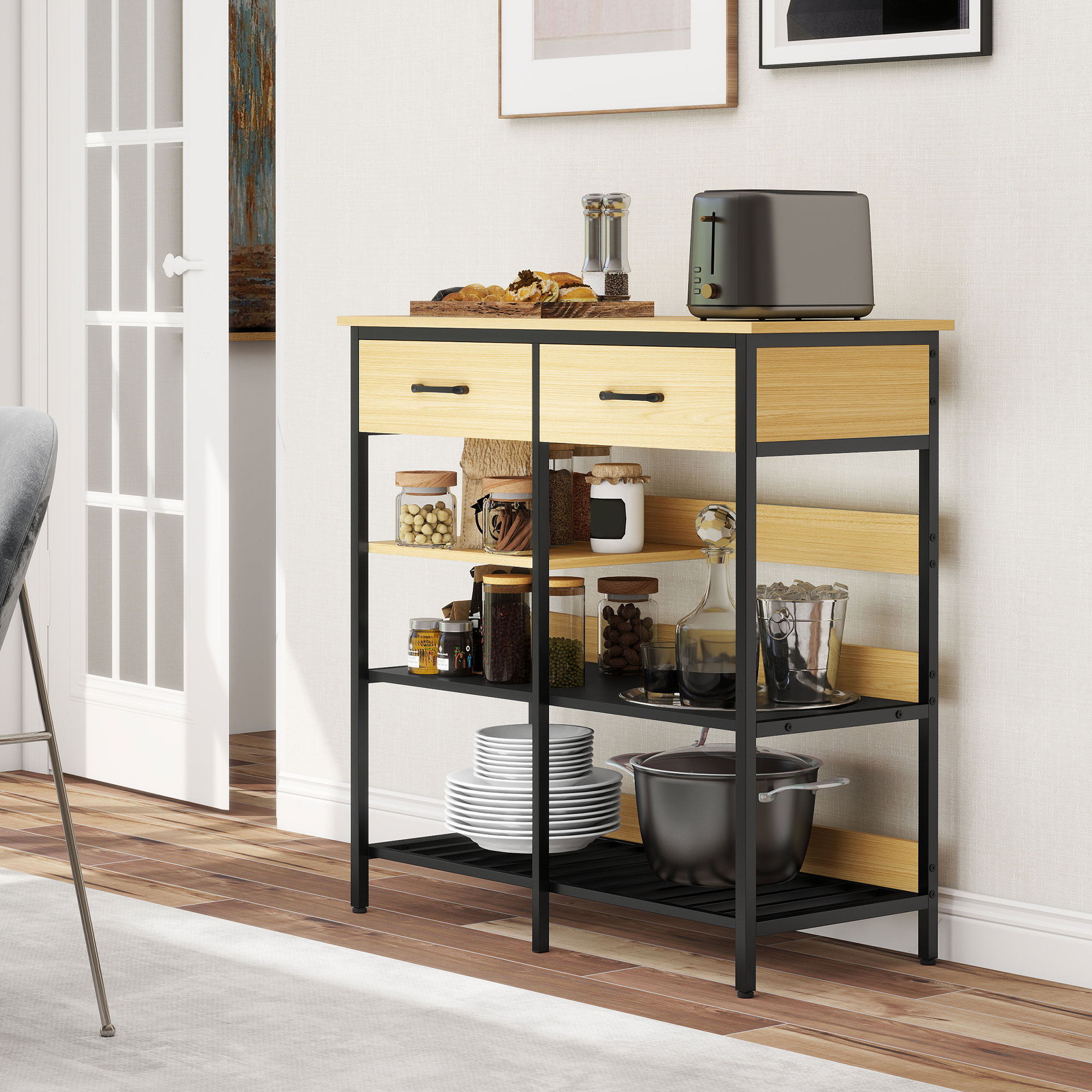 Sideboard, Kommode mit 2 Schubladen, 3 offenen Regalen Küchenschrankfür Küche, Wohnzimmer 90 x 40 x 91 cm, Naturholz