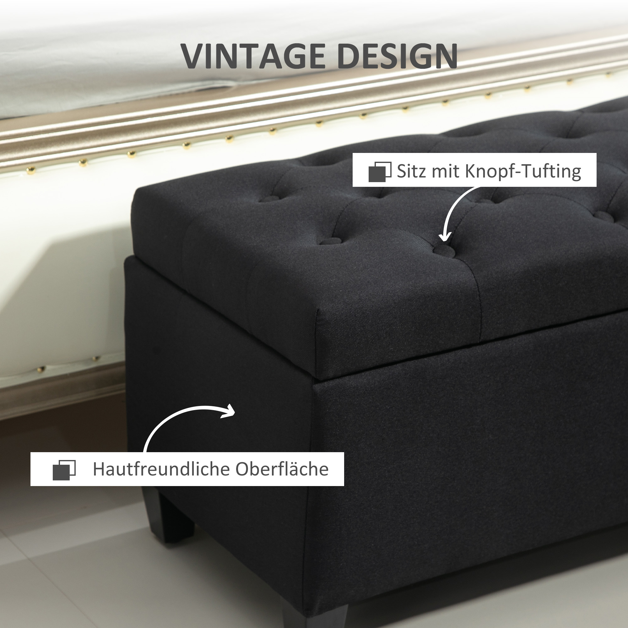 Sitzbank mit Stauraum, Truhenbank, leinenartiges Polyester, Kautschukholz, Schwarz, 100 x 40 x 44 cm