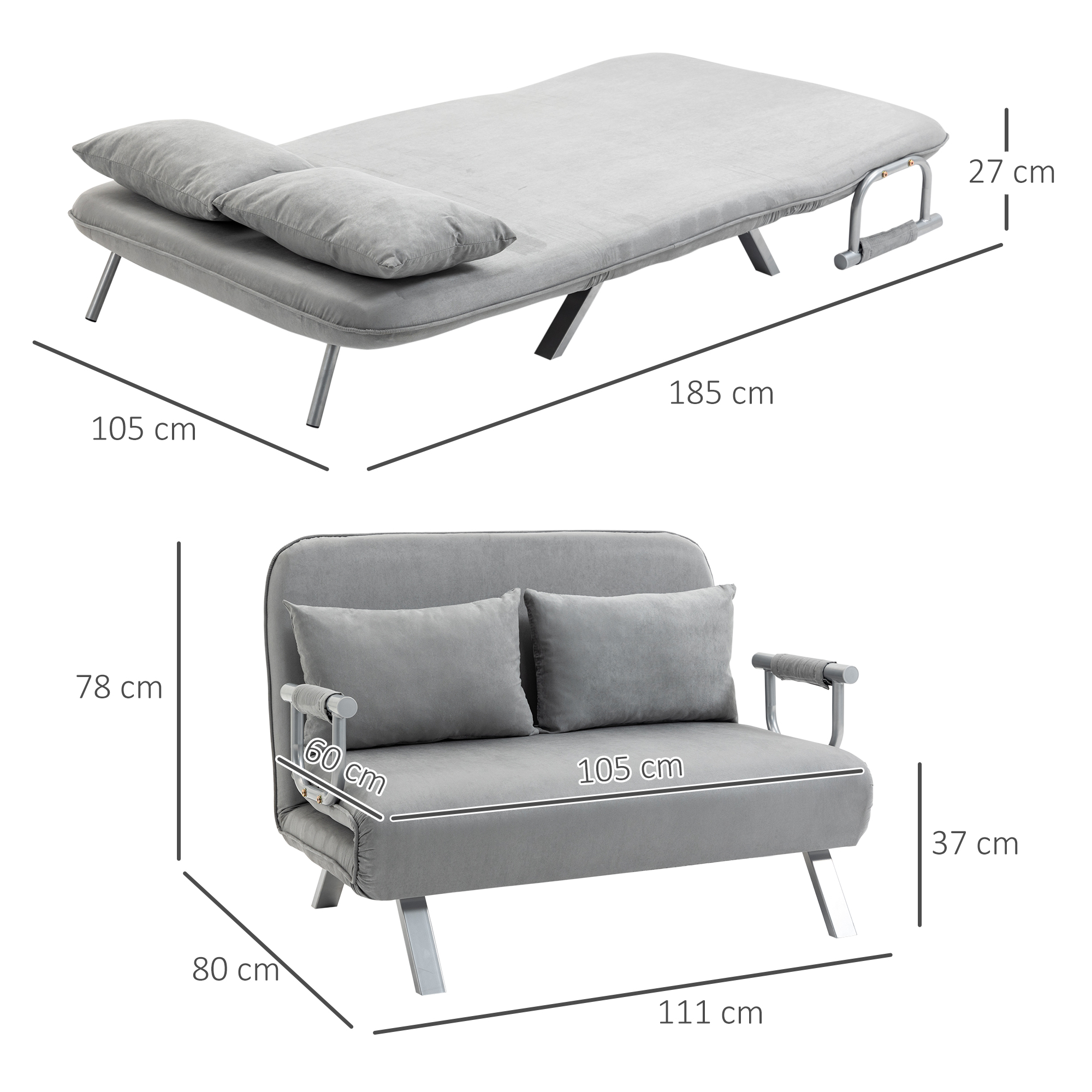Schlafsofa, Doppelsofa, Gästebett, inklusive 2 Kissen, Grau
