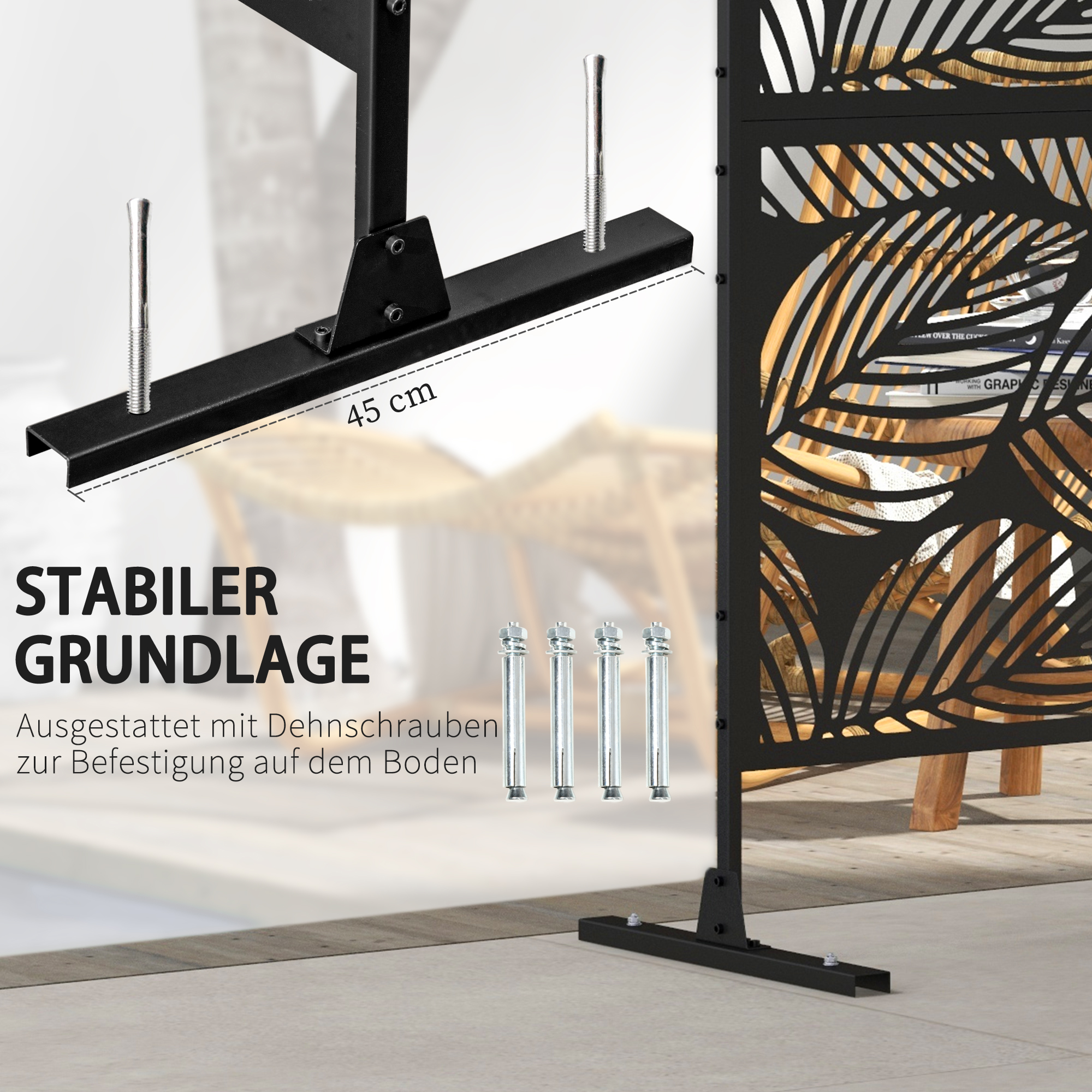 Sichtschutz Sichtschutz Garten Gartenabtrennung, florale Muster, Metall, 122 x 45 x 198 cm, Schwarz